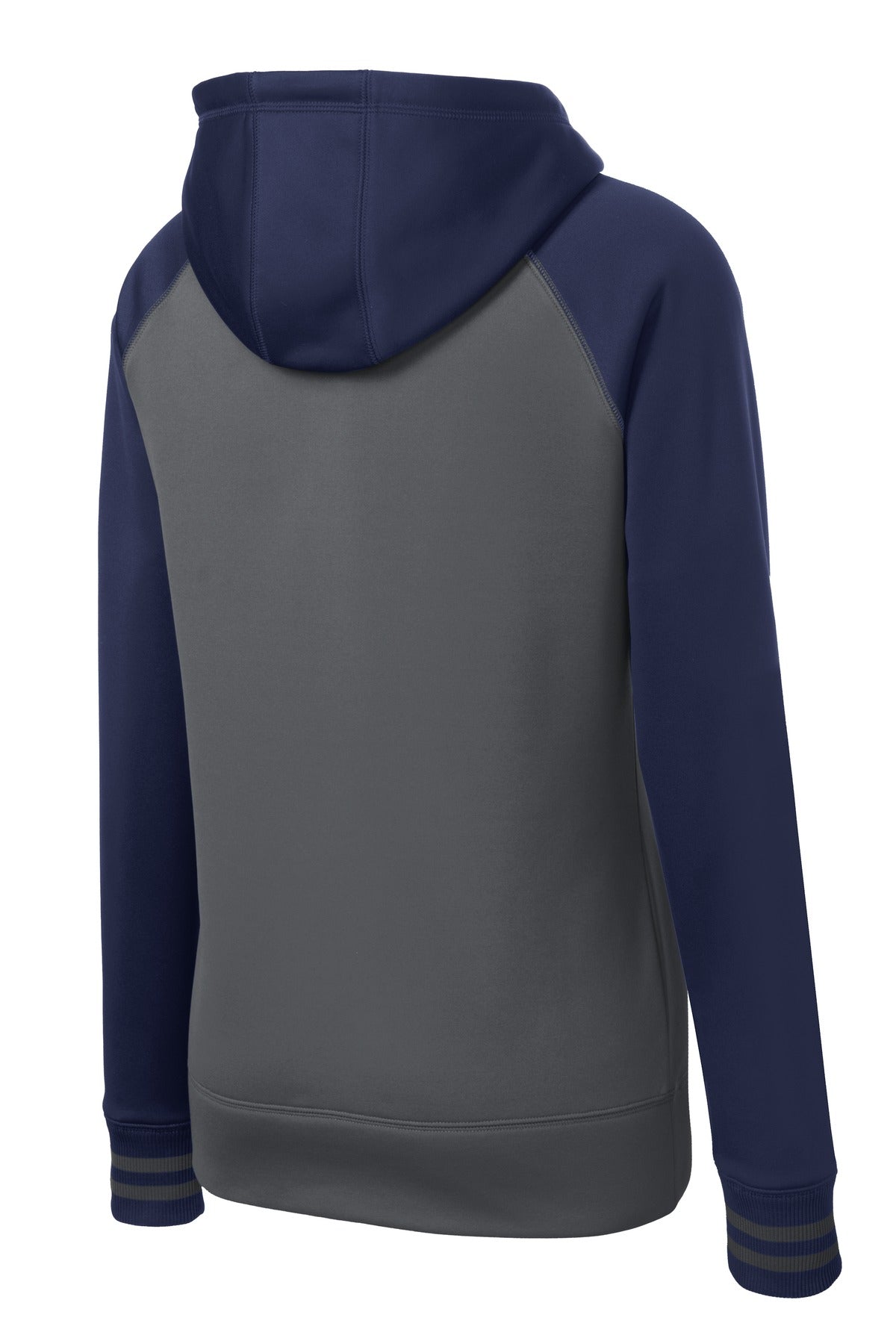 Rear View of Dk Smk Gry/Nvy Sport-Tek Women's Sport-Wick Varsity Fleece Full-Zip Hooded Jacket. LST236