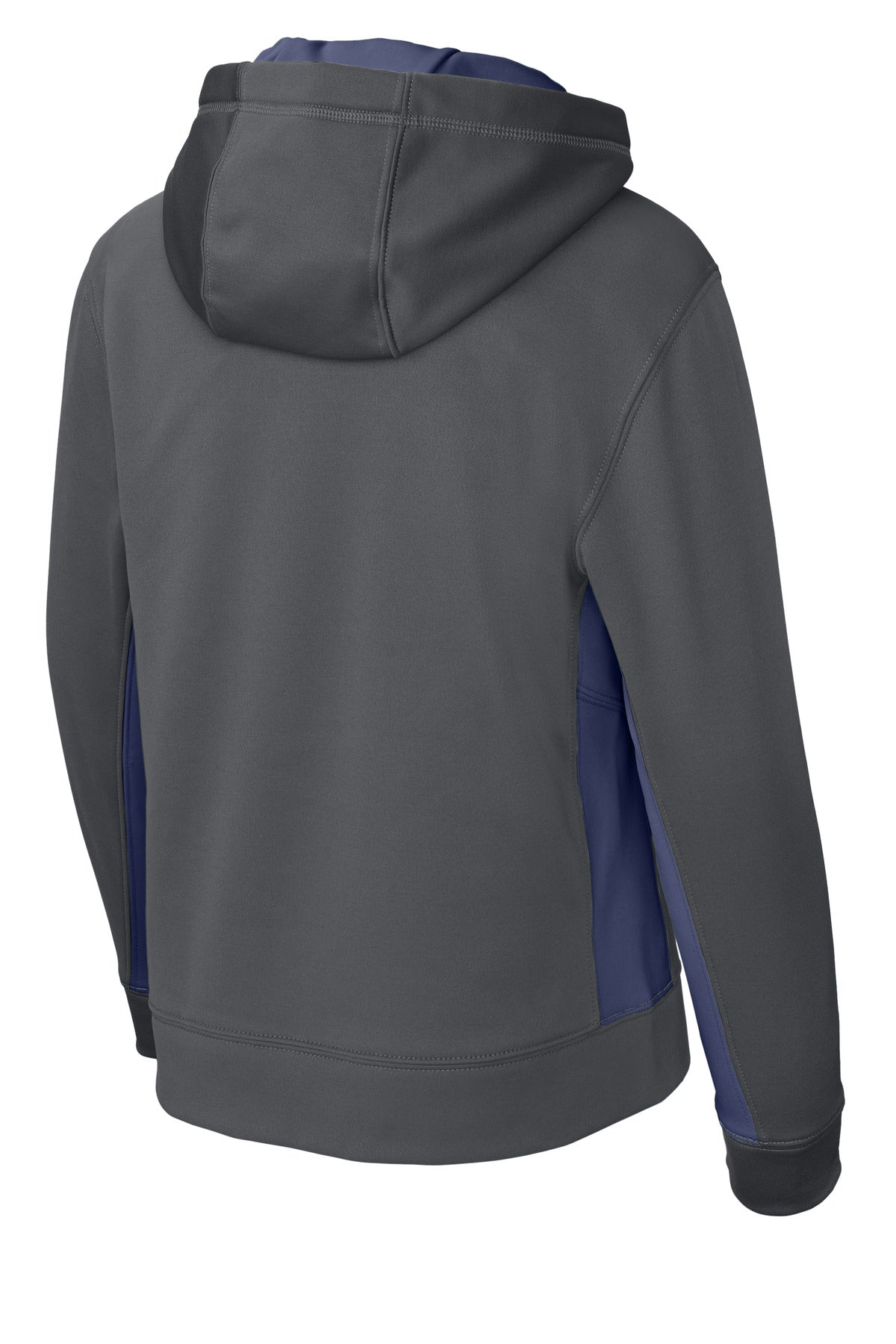 Rear View of Dk Smk Gry/Nvy Sport-Tek Youth Sport-Wick Fleece Colorblock Hooded Pullover. YST235
