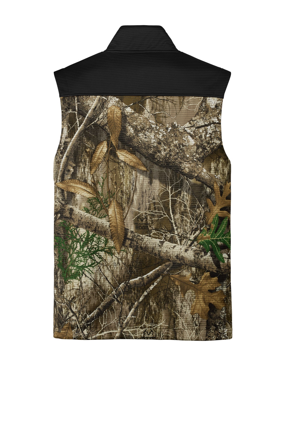 Rear View of DpBlk/RTEd Russell Outdoors Realtree Atlas Colorblock Soft Shell Vest RU604