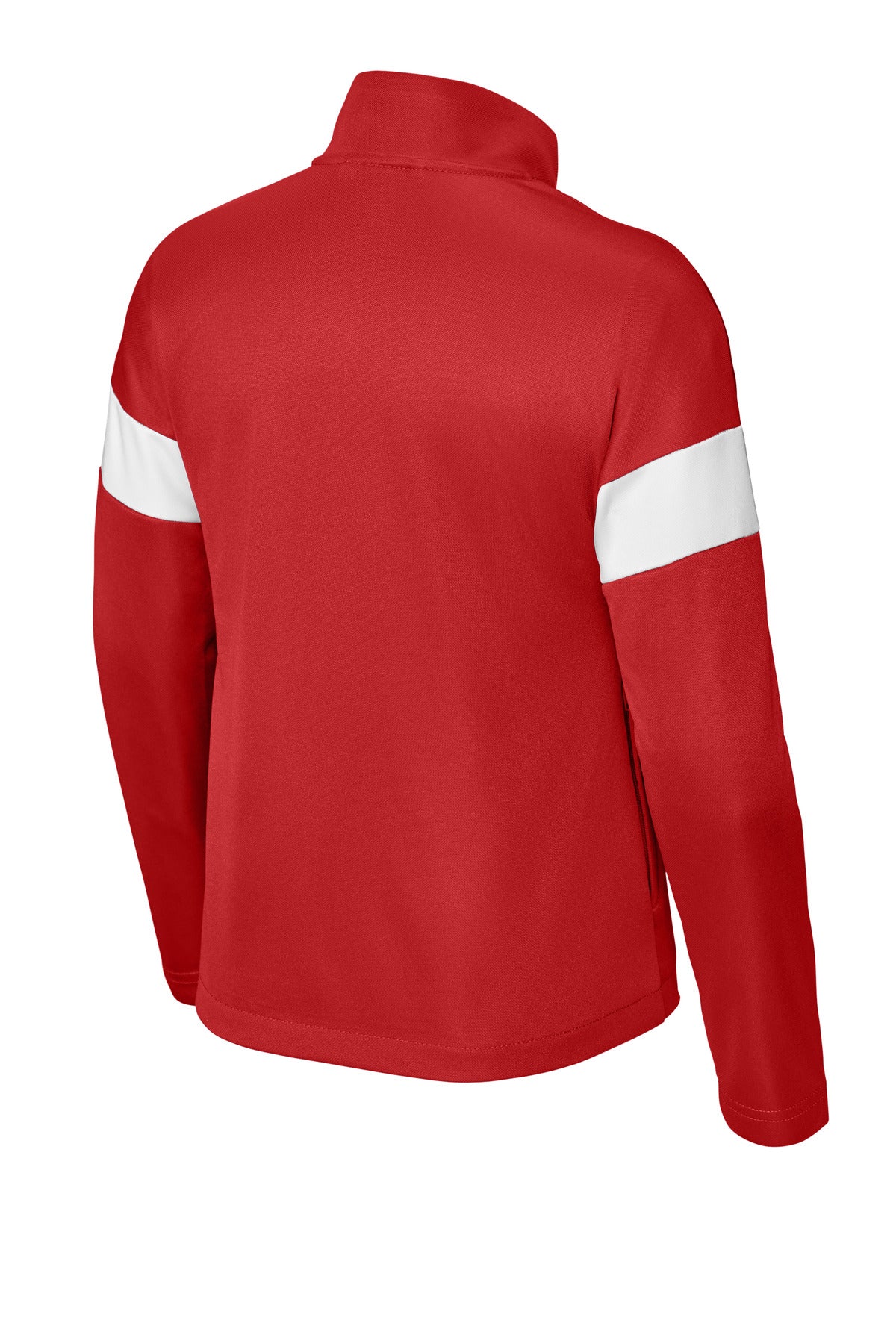 Rear View of DpRd/Wht Sport-Tek Youth Travel Full-Zip Jacket YST800