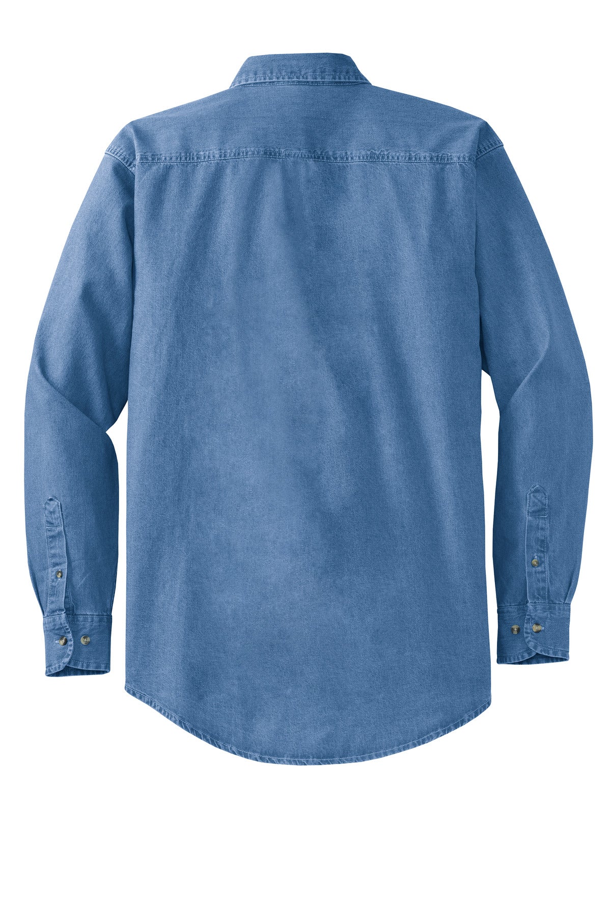 Rear View of Faded Denim Port Authority Tall Long Sleeve Denim Shirt. TLS600