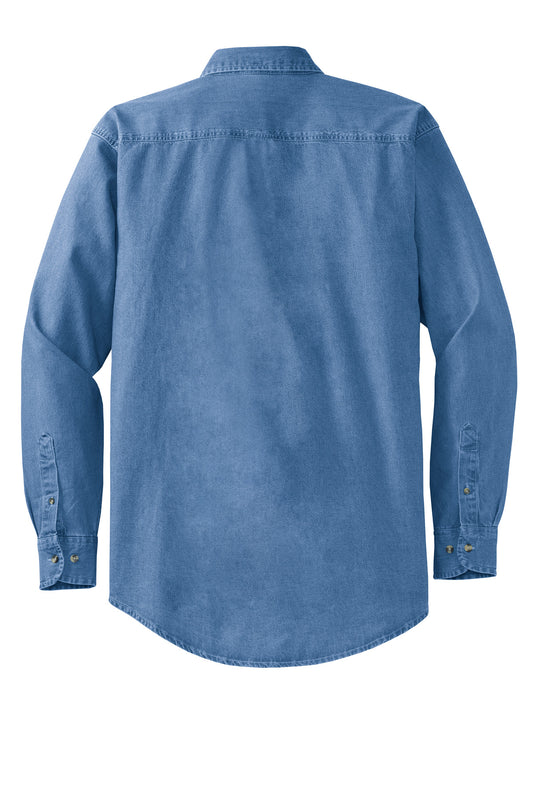 Rear View of Faded Denim Port Authority Tall Long Sleeve Denim Shirt. TLS600