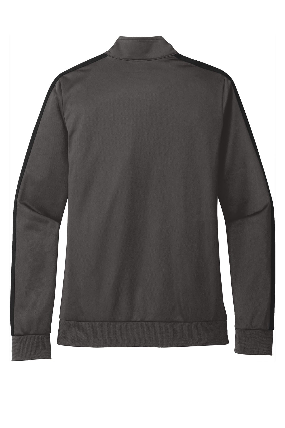 Rear View of Graph Grey/Blk Sport-Tek Ladies Tricot Sleeve Stripe Track Jacket. LST94