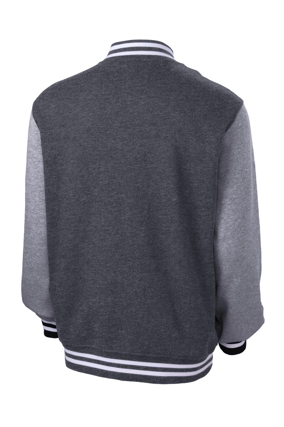 Rear View of Graph He/VntHe Sport-Tek Fleece Letterman Jacket. ST270
