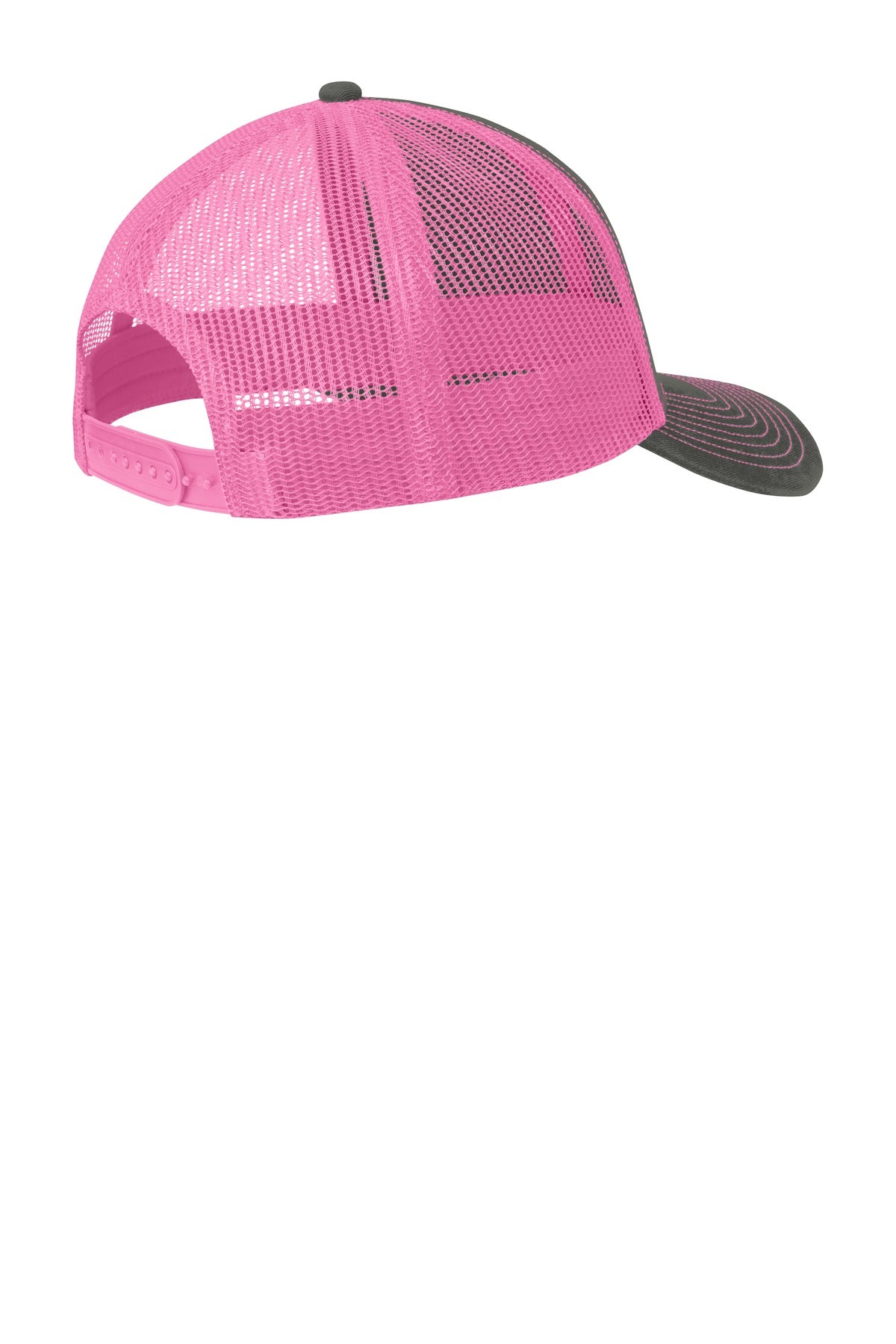 Rear View of Grey Steel/NPk Port Authority Snapback Trucker Cap. C112