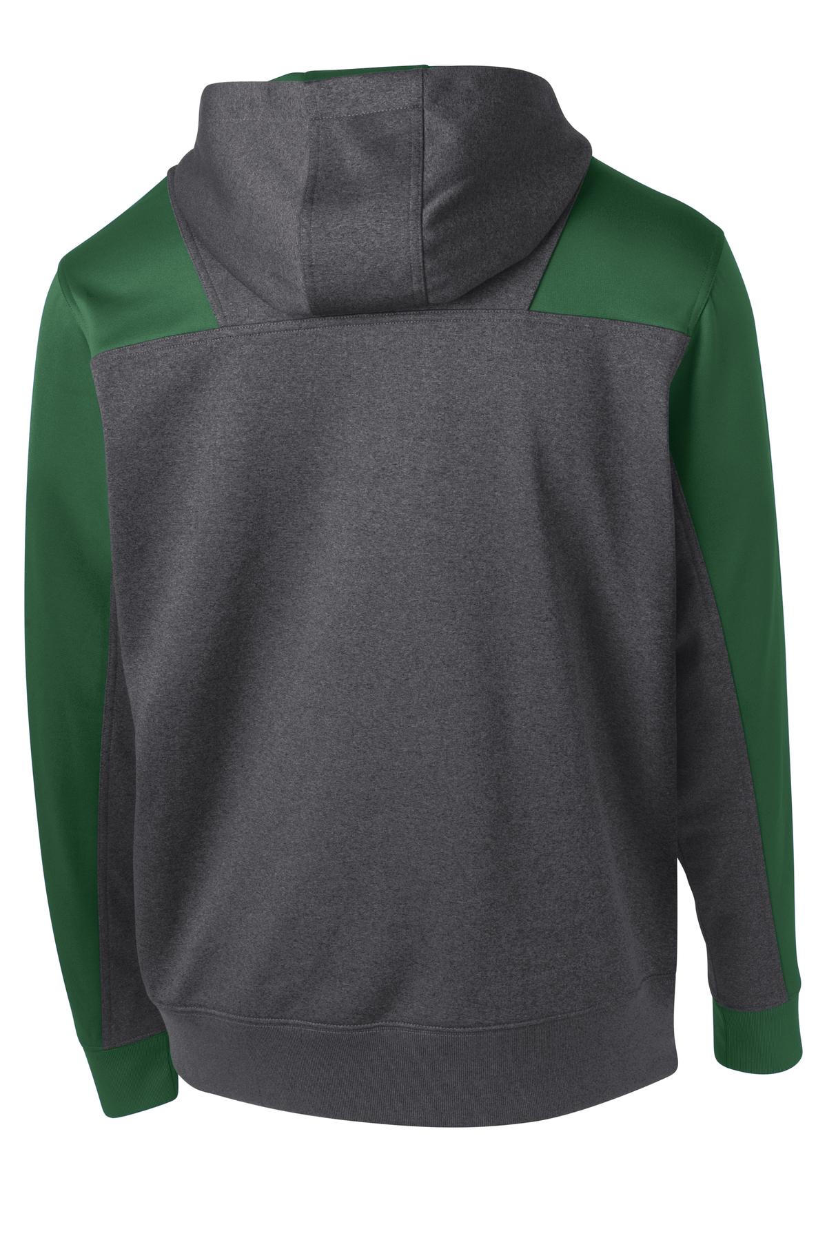 Rear View of Grph Hea/FoGrn Sport-Tek Tech Fleece Colorblock 1/4-Zip Hooded Sweatshirt. ST249