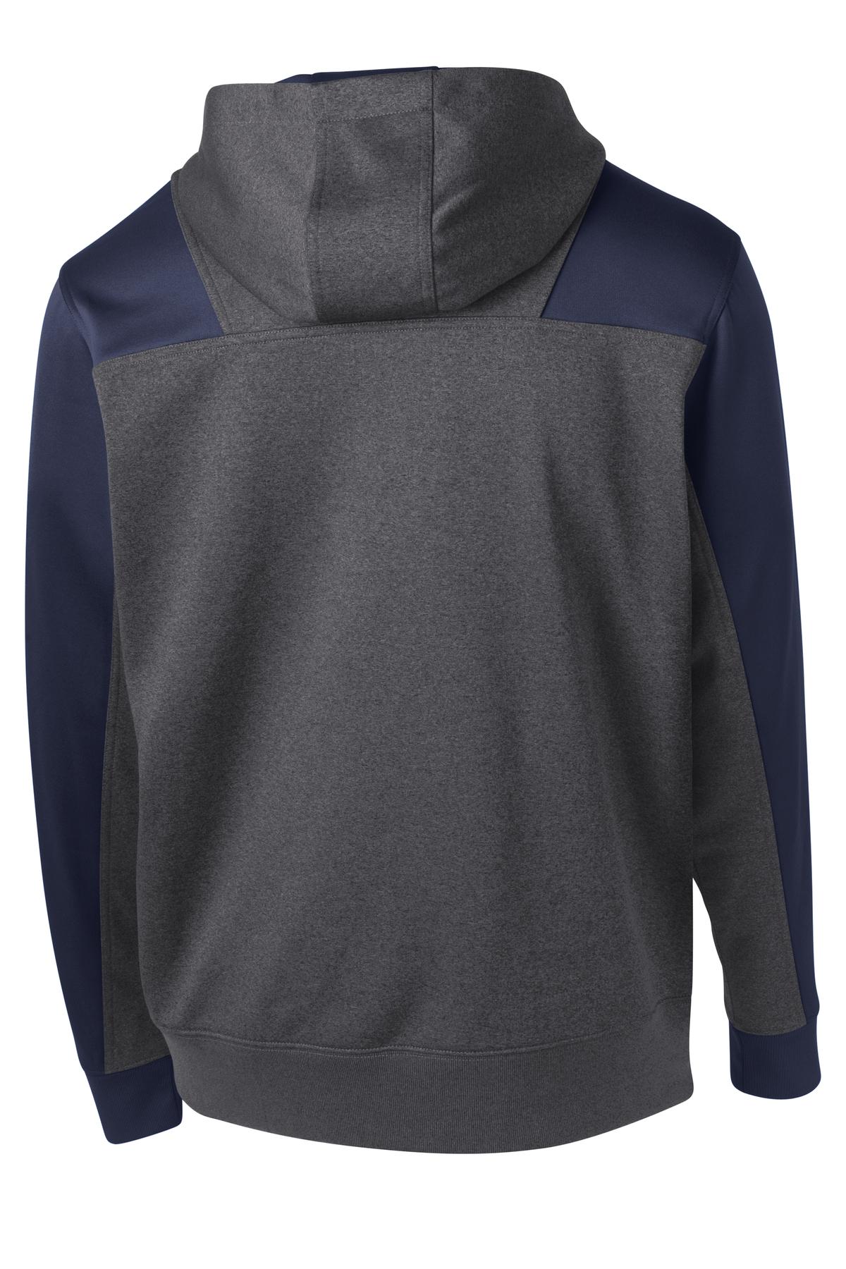 Rear View of Grph Hea/TrNvy Sport-Tek Tech Fleece Colorblock 1/4-Zip Hooded Sweatshirt. ST249