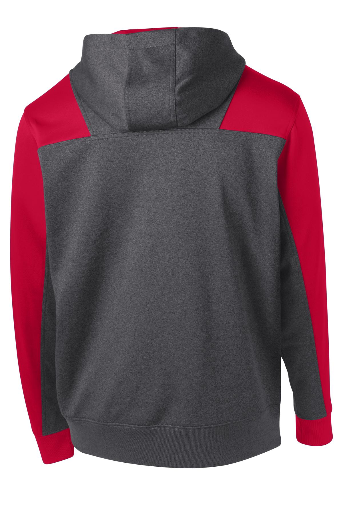 Rear View of Grph Hea/TrRed Sport-Tek Tech Fleece Colorblock 1/4-Zip Hooded Sweatshirt. ST249