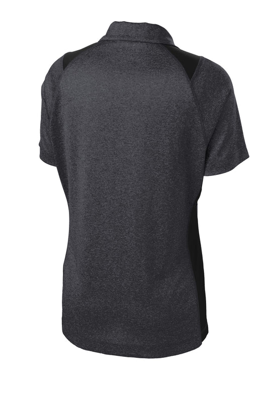 Rear View of Grph He/Black Sport-Tek Women's Heather Colorblock Contender Polo. LST665