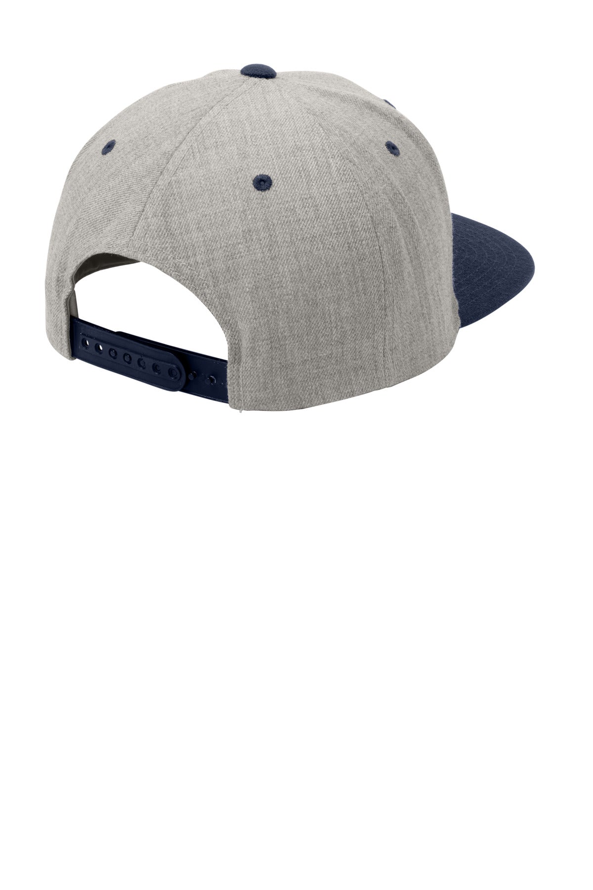 Rear View of Heather/Tr Nvy Sport-Tek YP Classics Flat Bill Snapback Cap. STC19