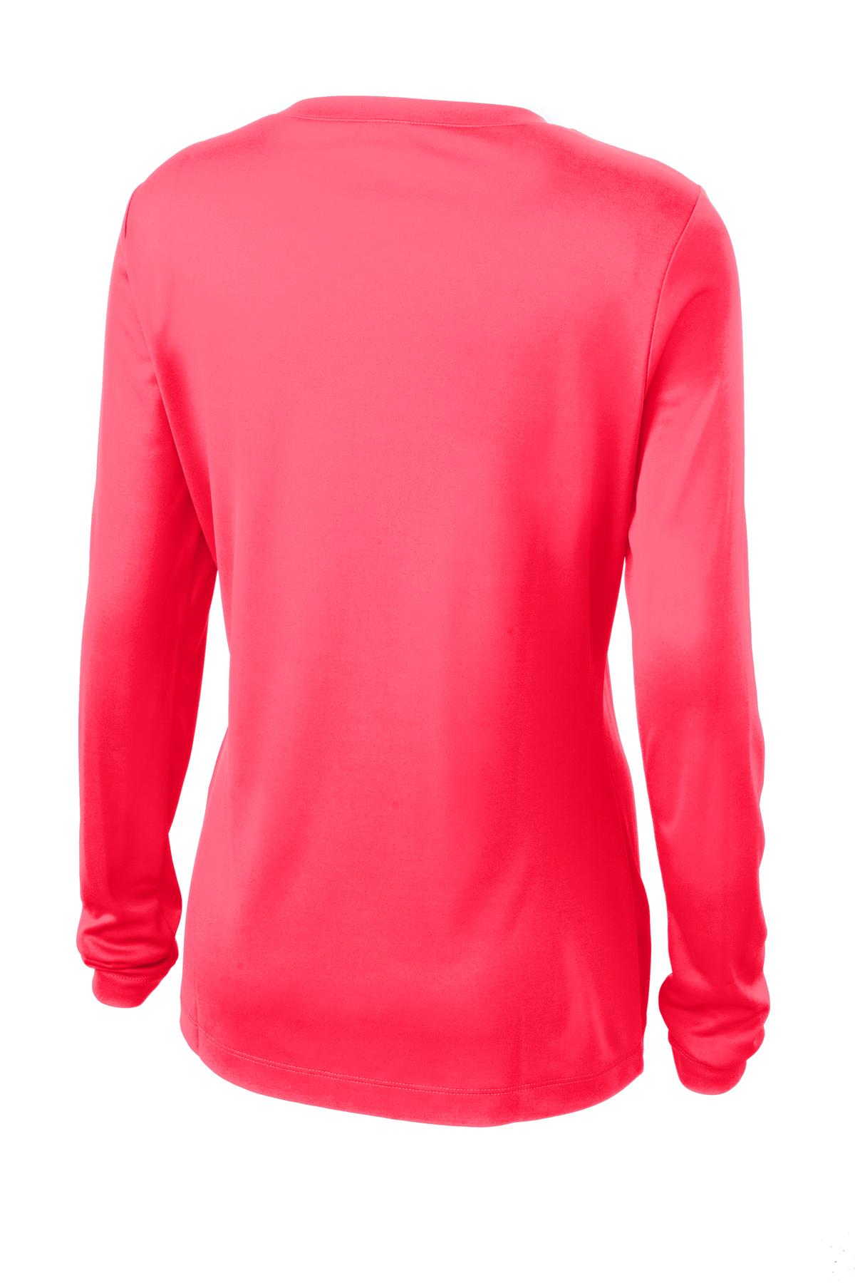 Rear View of Hot Coral Sport-Tek Women's Long Sleeve PosiCharge Competitor V-Neck Tee. LST353LS