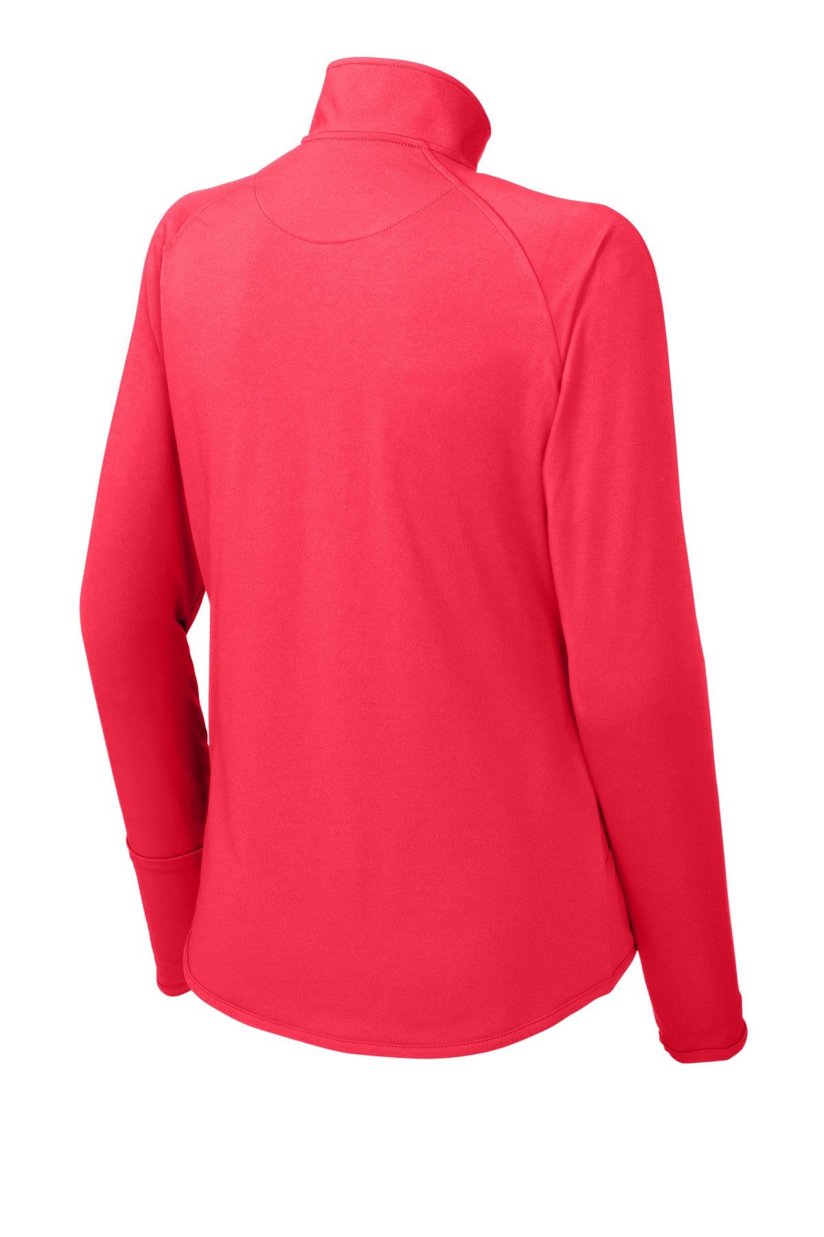 Rear View of Hot Coral Sport-Tek Women's Sport-Wick Stretch 1/4-Zip Pullover. LST850