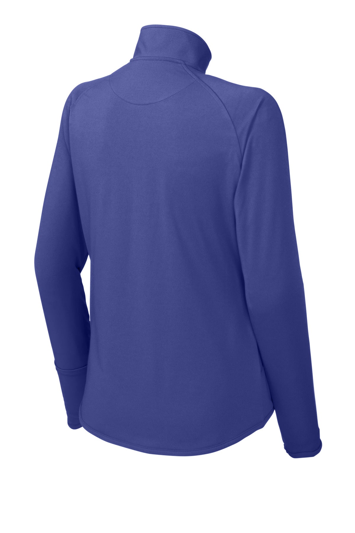 Rear View of Iris Purple Sport-Tek Women's Sport-Wick Stretch 1/4-Zip Pullover. LST850