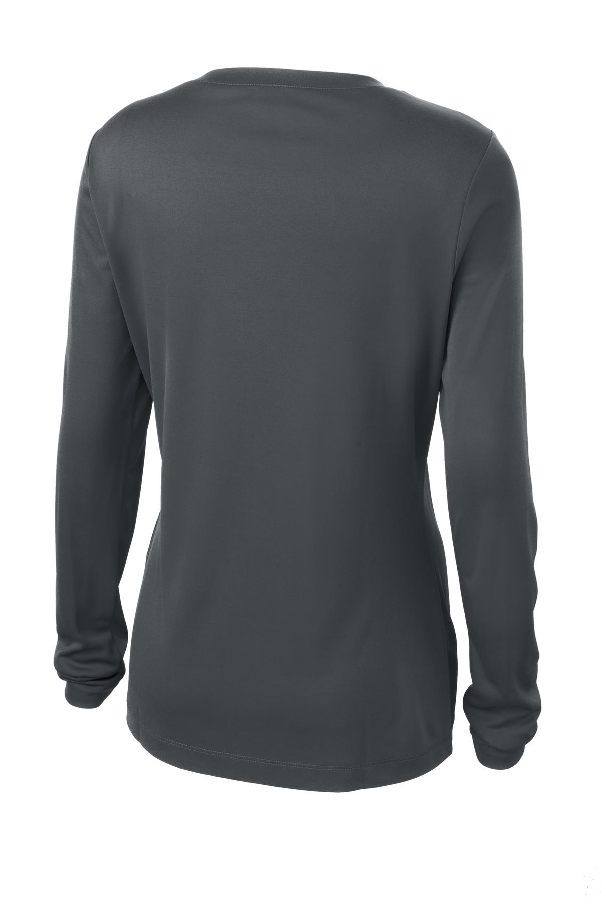 Rear View of Iron Grey Sport-Tek Women's Long Sleeve PosiCharge Competitor V-Neck Tee. LST353LS