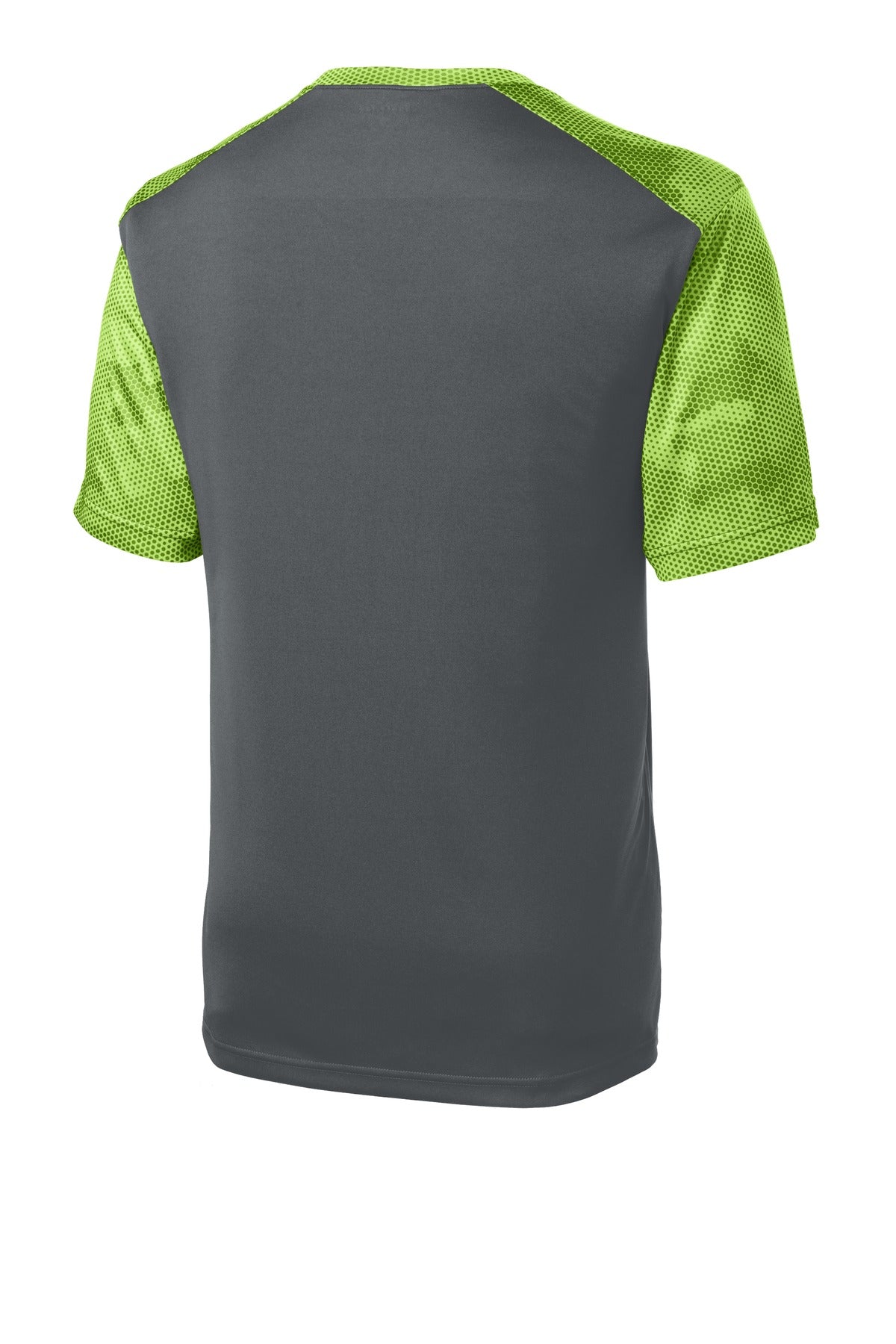 Rear View of Iron Gry/LimeS Sport-Tek CamoHex Colorblock Tee. ST371