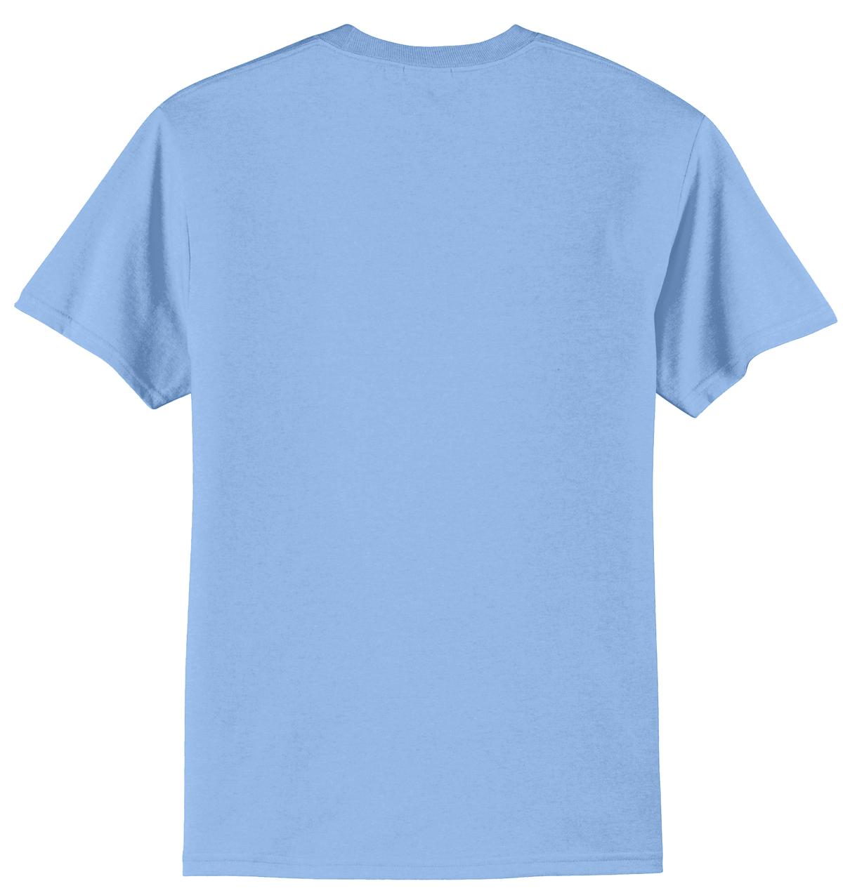 Rear View of Light Blue Port & Company Tall Core Blend Tee. PC55T