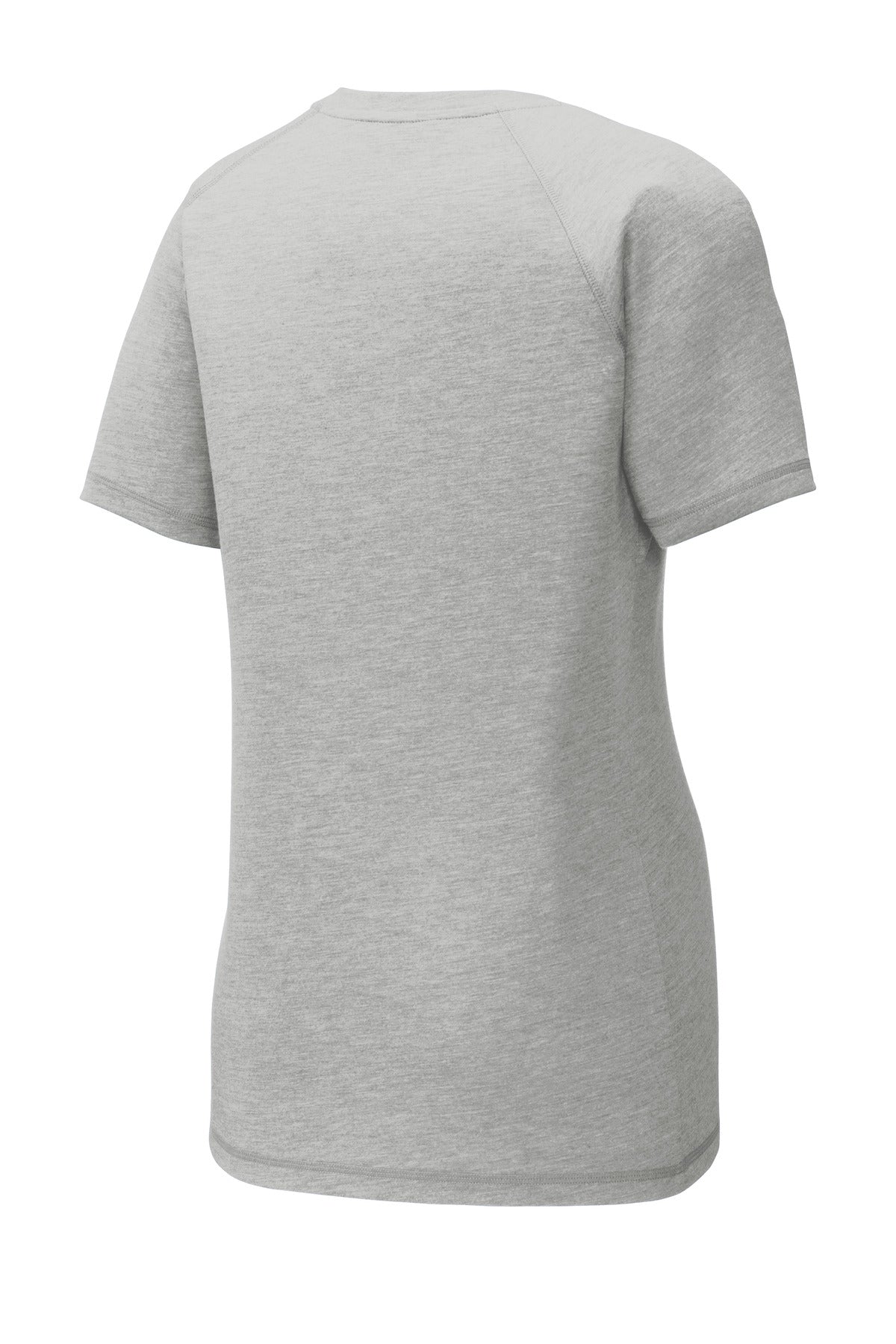 Rear View of Light Grey Hth Sport-Tek Women's PosiCharge Tri-Blend Wicking Scoop Neck Raglan Tee. LST400