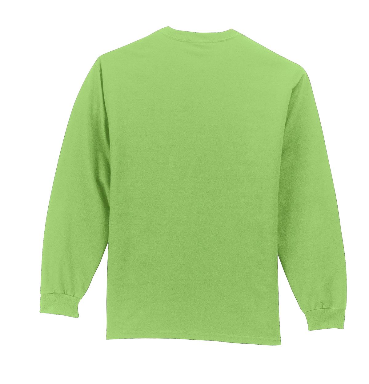 Rear View of Lime Port & Company Tall Long Sleeve Essential Pocket Tee. PC61LSPT
