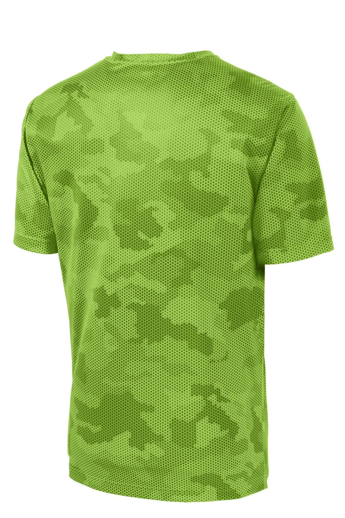 Rear View of Lime Shock Sport-Tek CamoHex Tee. ST370