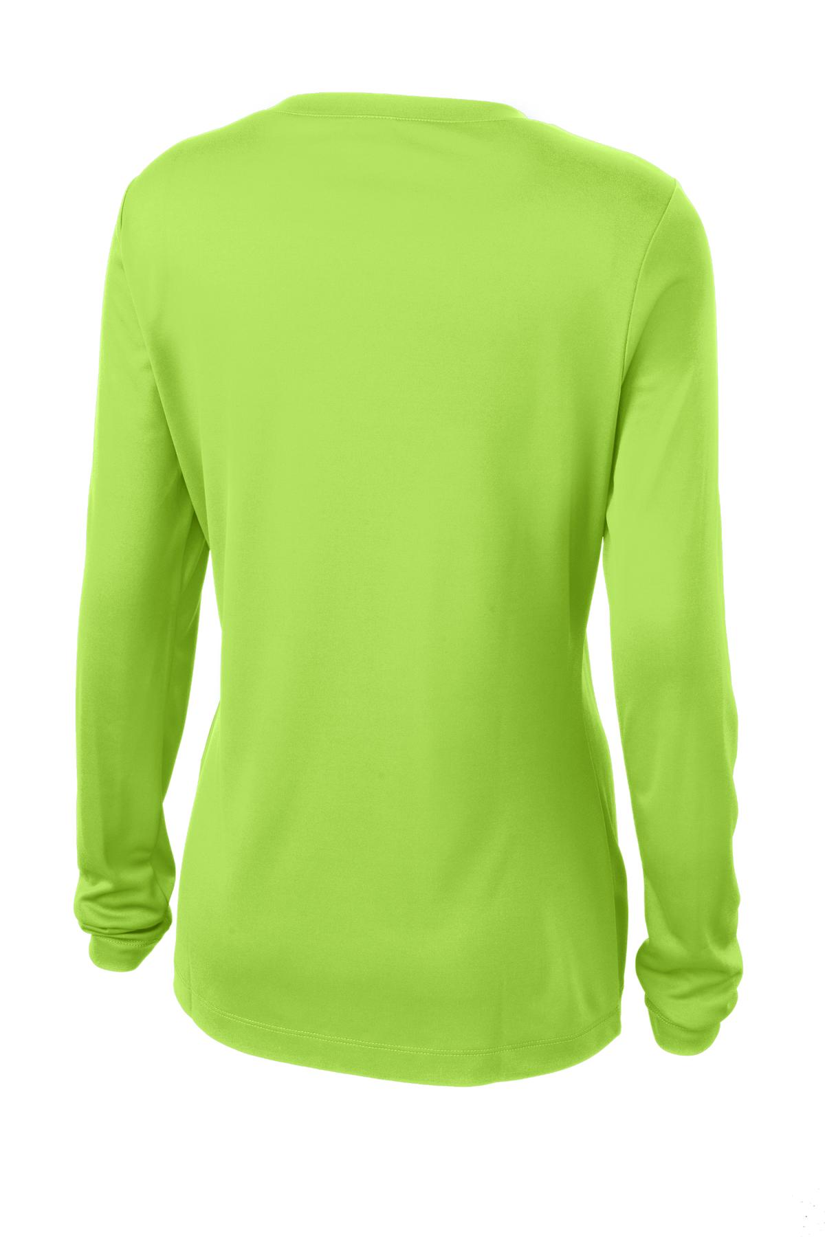 Rear View of Lime Shock Sport-Tek Women's Long Sleeve PosiCharge Competitor V-Neck Tee. LST353LS