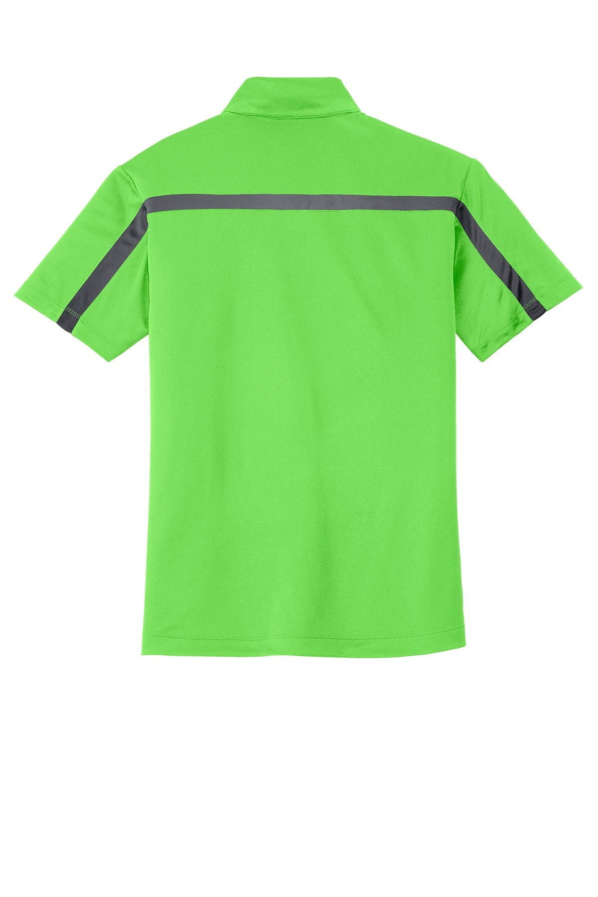 Rear View of Lime/SteelGrey Port Authority Silk Touch Performance Colorblock Stripe Polo. K547