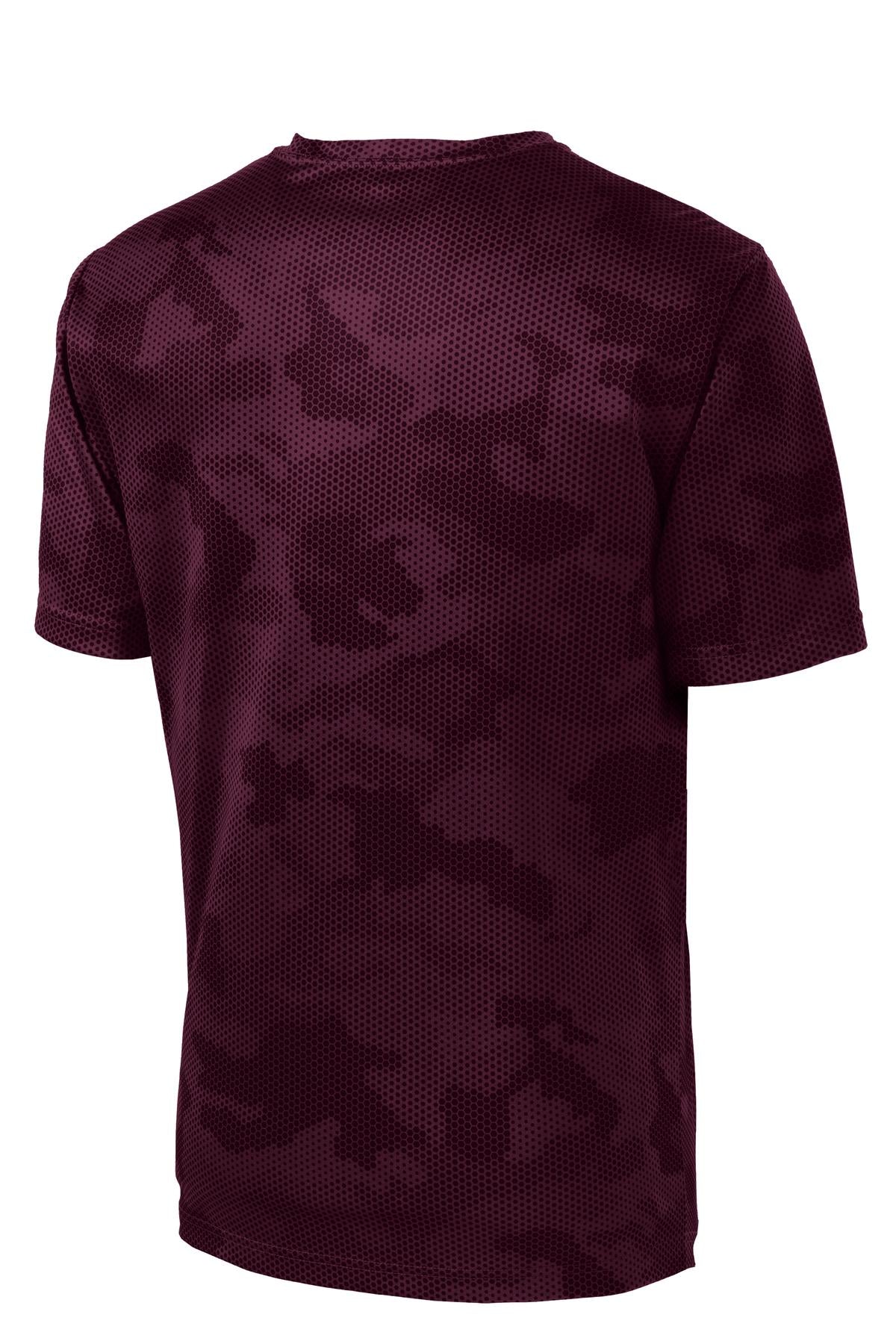 Rear View of Maroon Sport-Tek CamoHex Tee. ST370