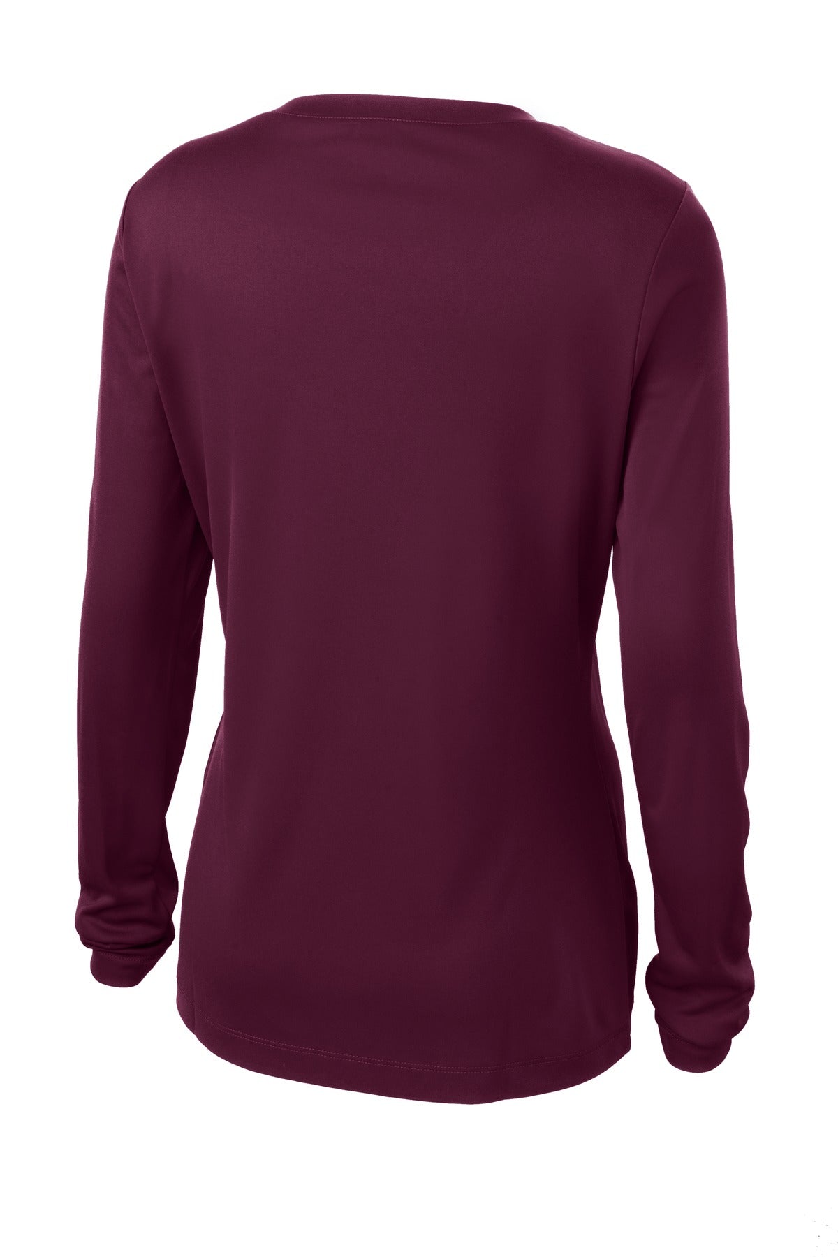 Rear View of Maroon Sport-Tek Women's Long Sleeve PosiCharge Competitor V-Neck Tee. LST353LS