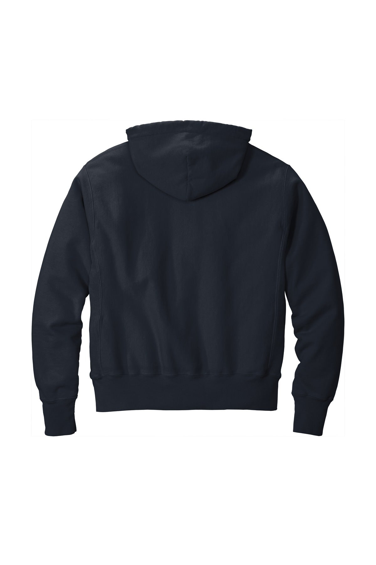 Rear View of Navy Champion Reverse Weave Garment-Dyed Hooded Sweatshirt. GDS101