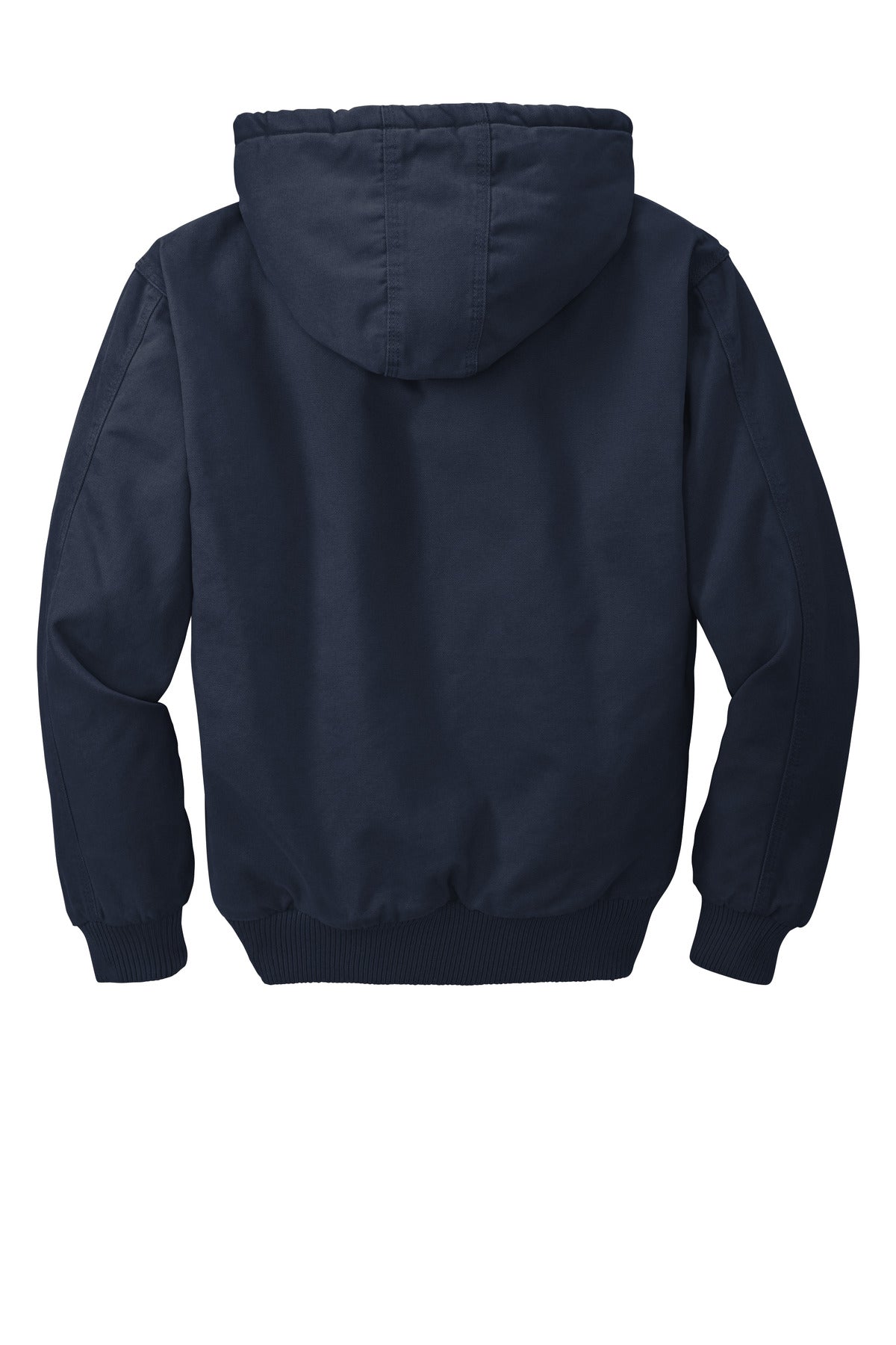 Rear View of Navy CornerStone Washed Duck Cloth Insulated Hooded Work Jacket. CSJ41