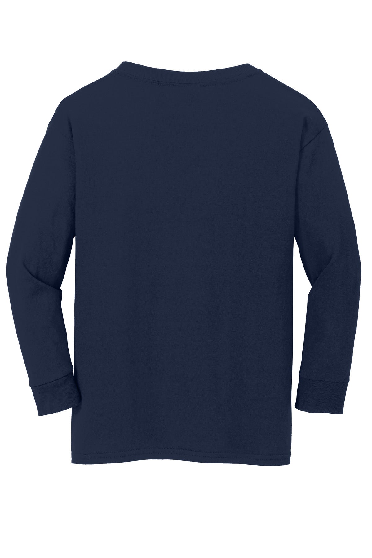 Rear View of Navy Gildan Youth Heavy Cotton 100% Cotton Long Sleeve T-Shirt. 5400B