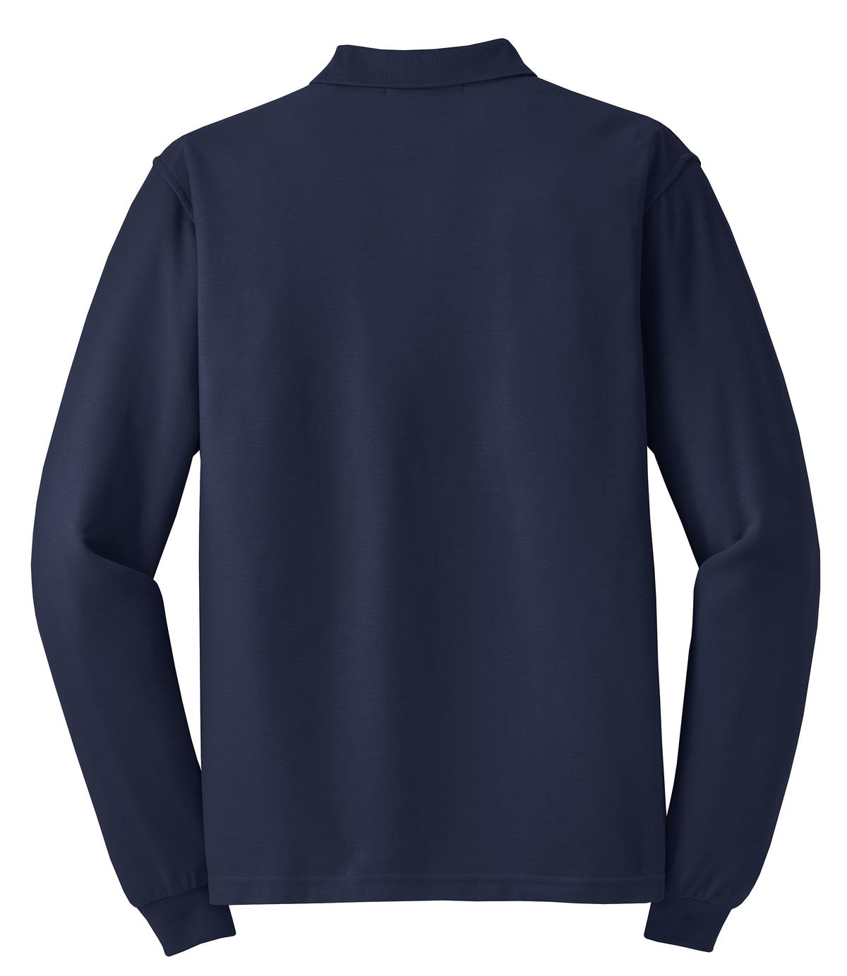 Rear View of Navy Port Authority Silk Touch Long Sleeve Polo. K500LS