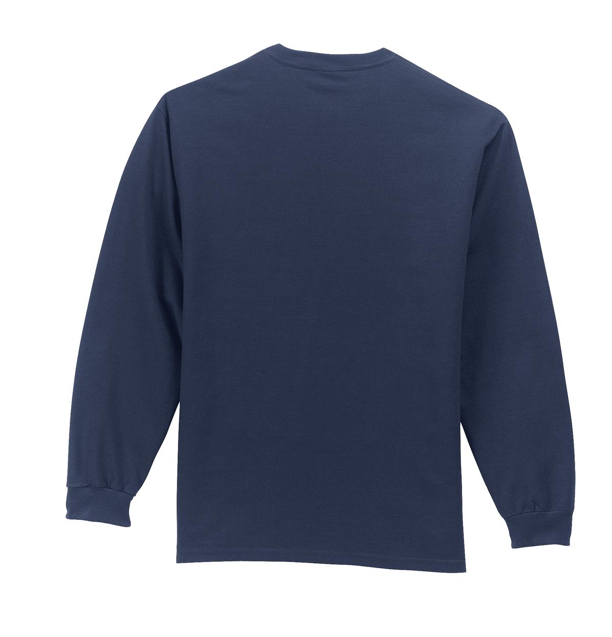 Rear View of Navy Port & Company Tall Long Sleeve Essential Pocket Tee. PC61LSPT