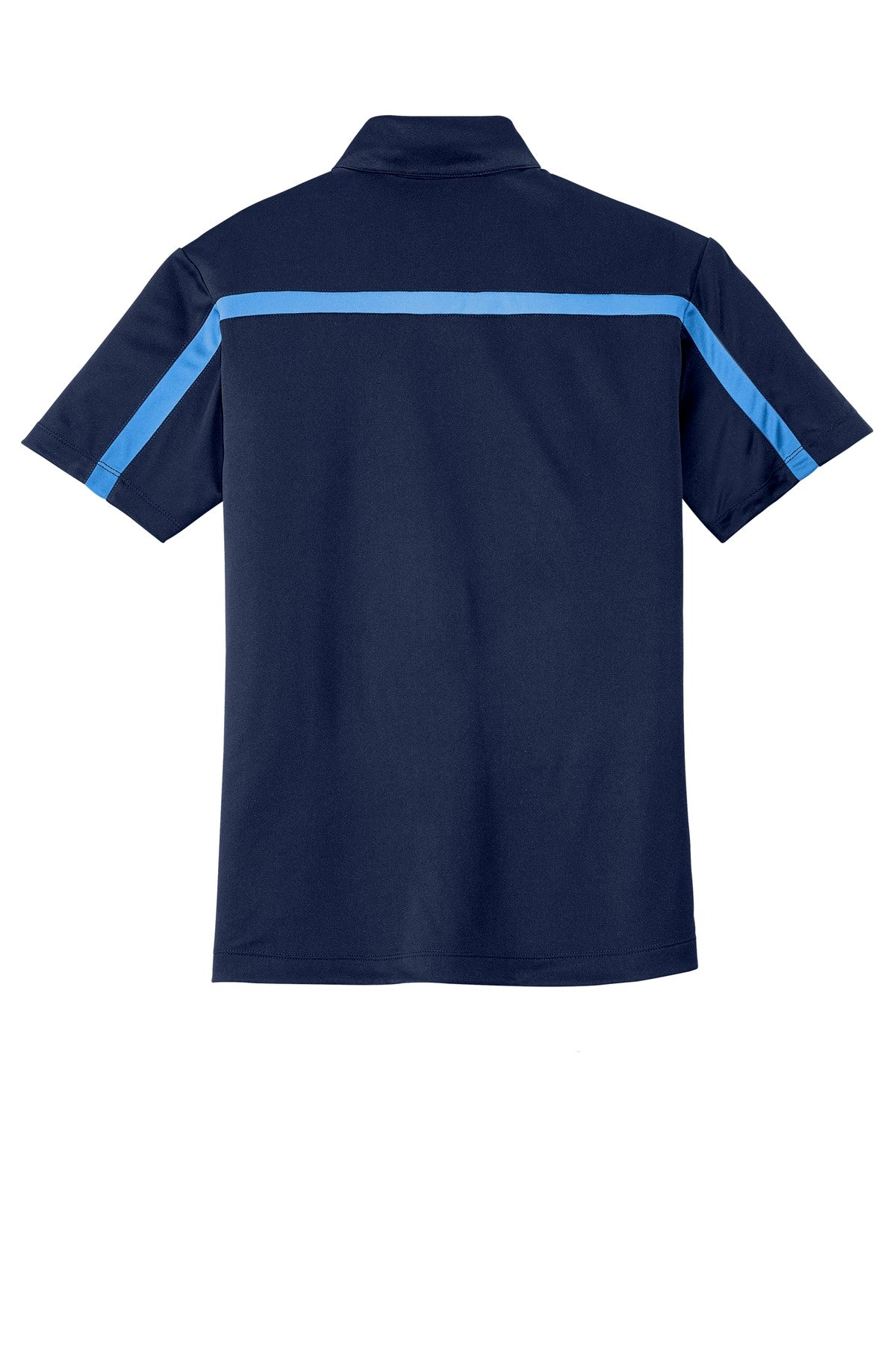 Rear View of Navy/CarolinaB Port Authority Silk Touch Performance Colorblock Stripe Polo. K547