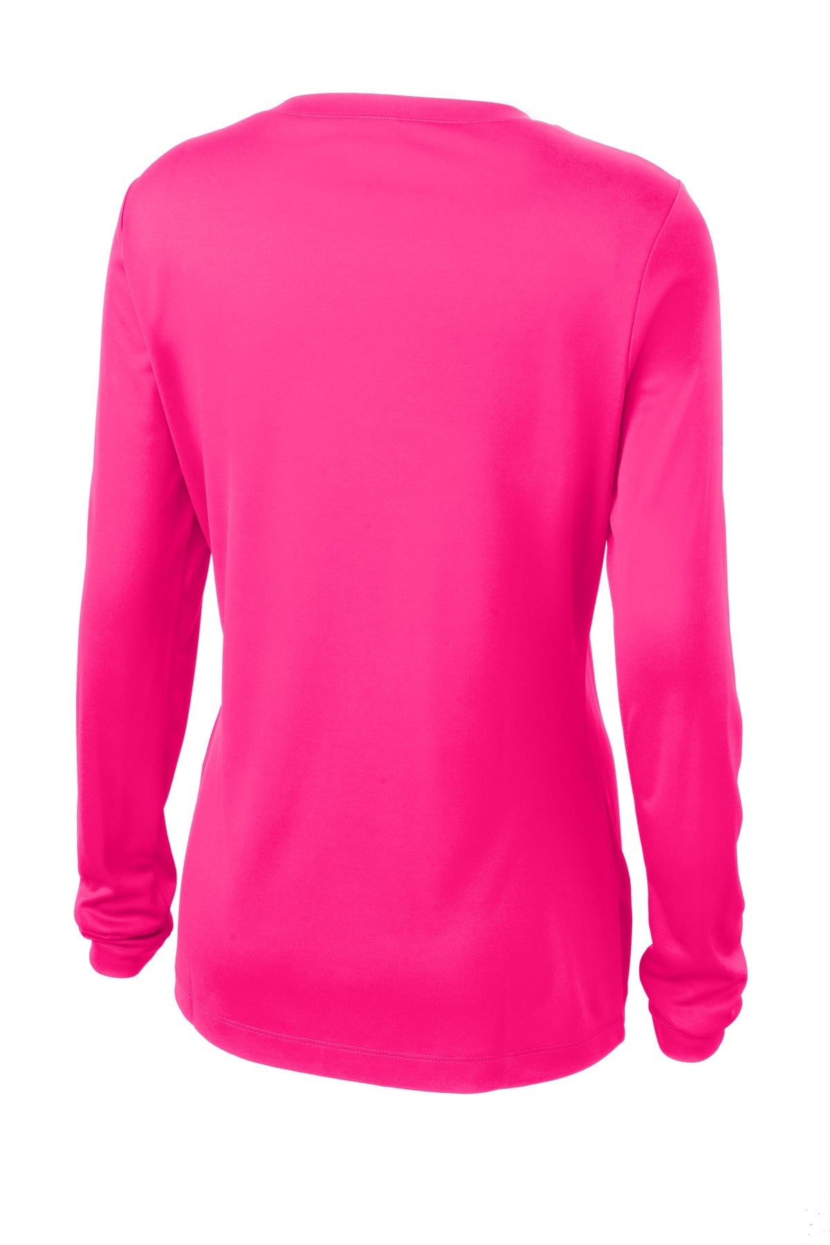 Rear View of Neon Pink Sport-Tek Women's Long Sleeve PosiCharge Competitor V-Neck Tee. LST353LS