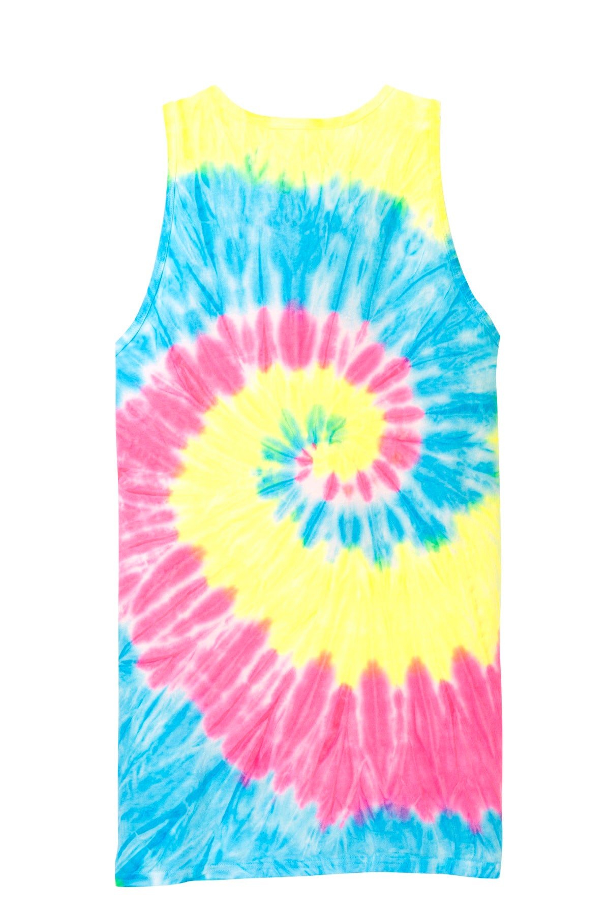 Rear View of Neon Rainbow Port & Company Tie-Dye Tank Top. PC147TT