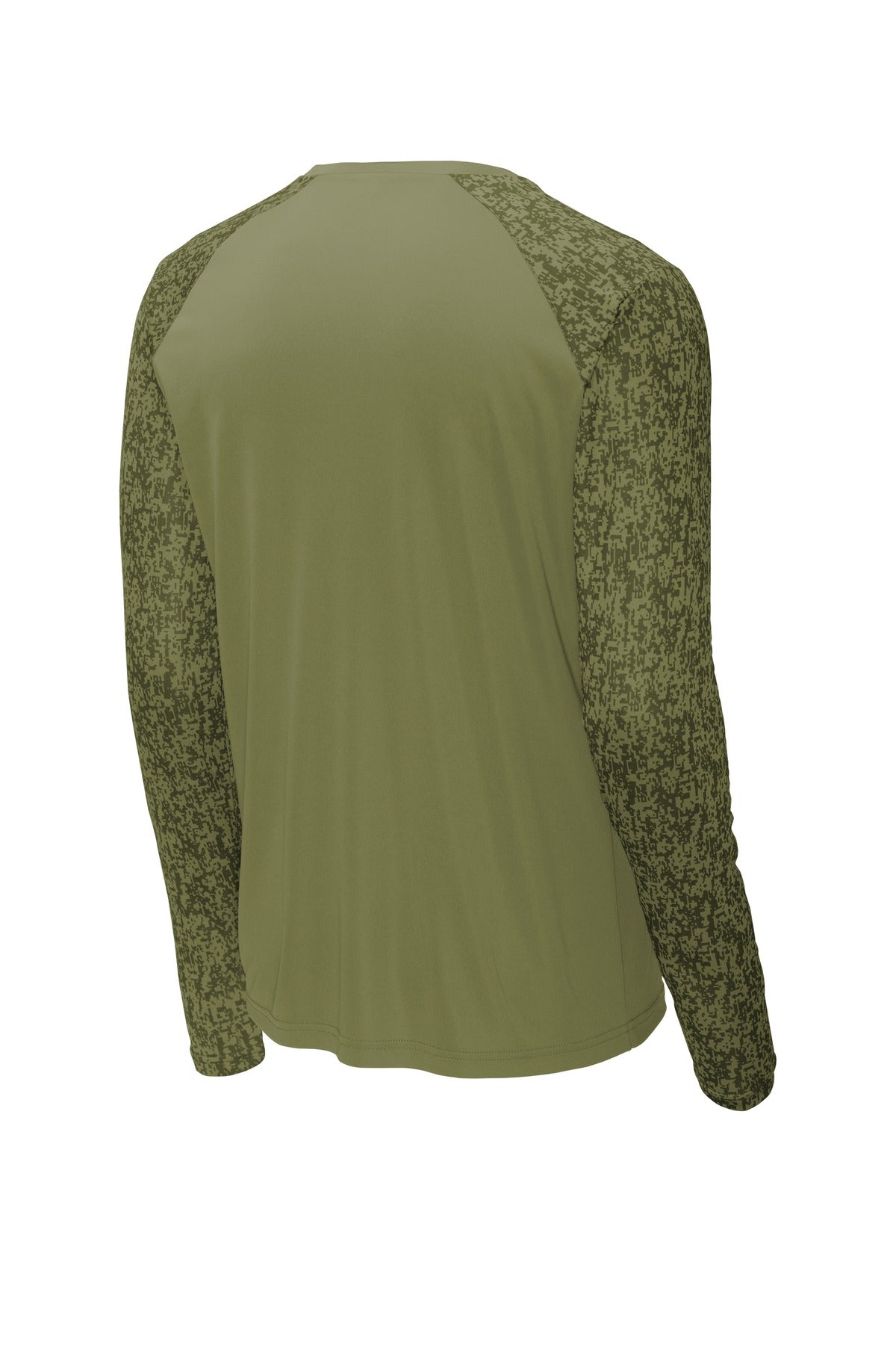 Rear View of Olive Drab Grn Sport-Tek Long Sleeve Digi Camo Tee. ST460LS