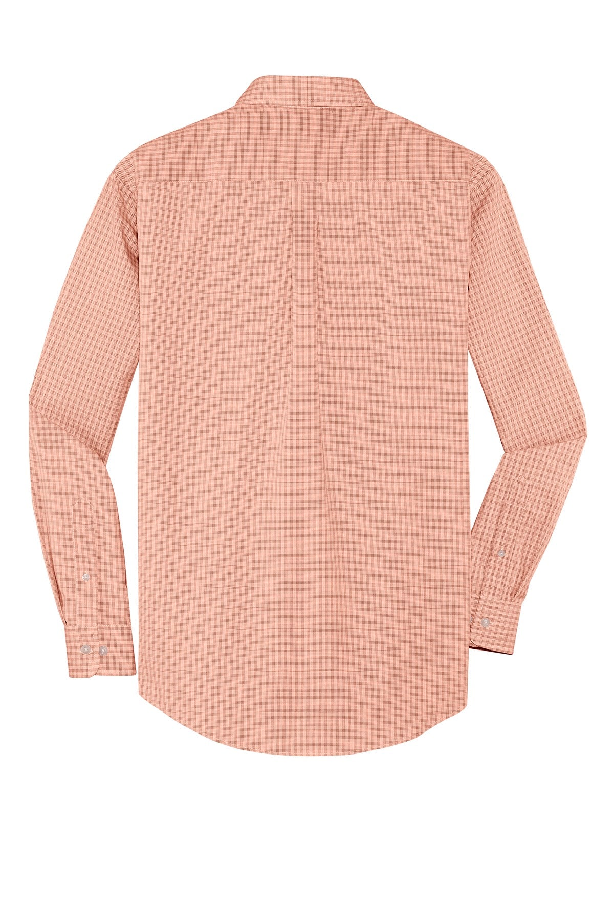 Rear View of Orange Port Authority Plaid Pattern Easy Care Shirt. S639