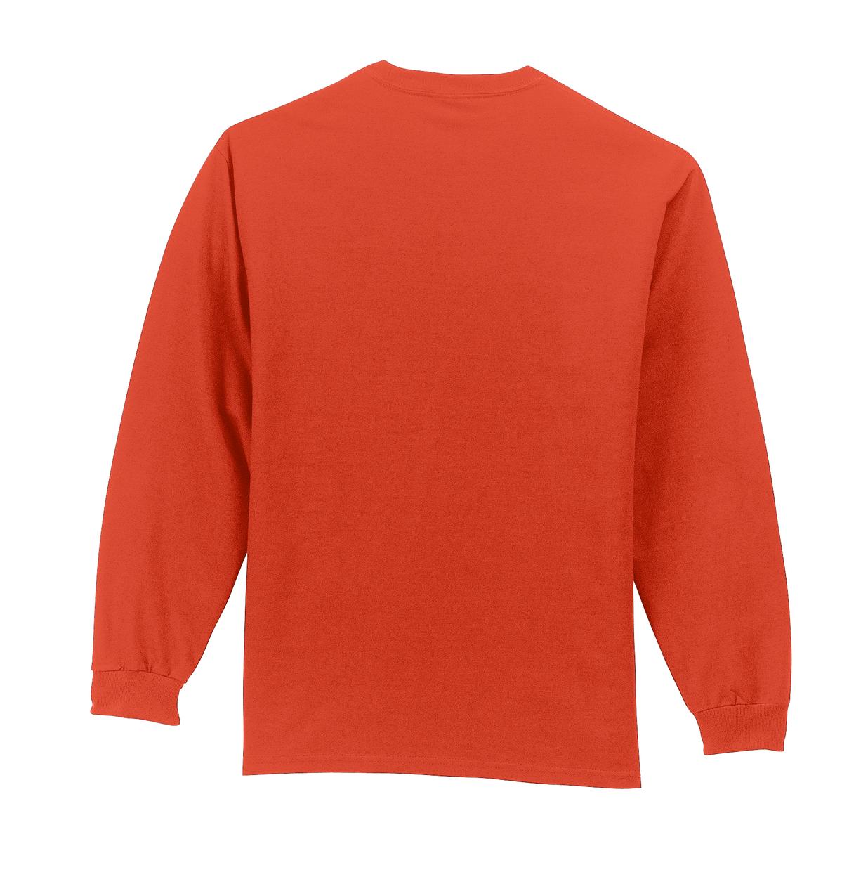 Rear View of Orange Port & Company Tall Long Sleeve Essential Pocket Tee. PC61LSPT