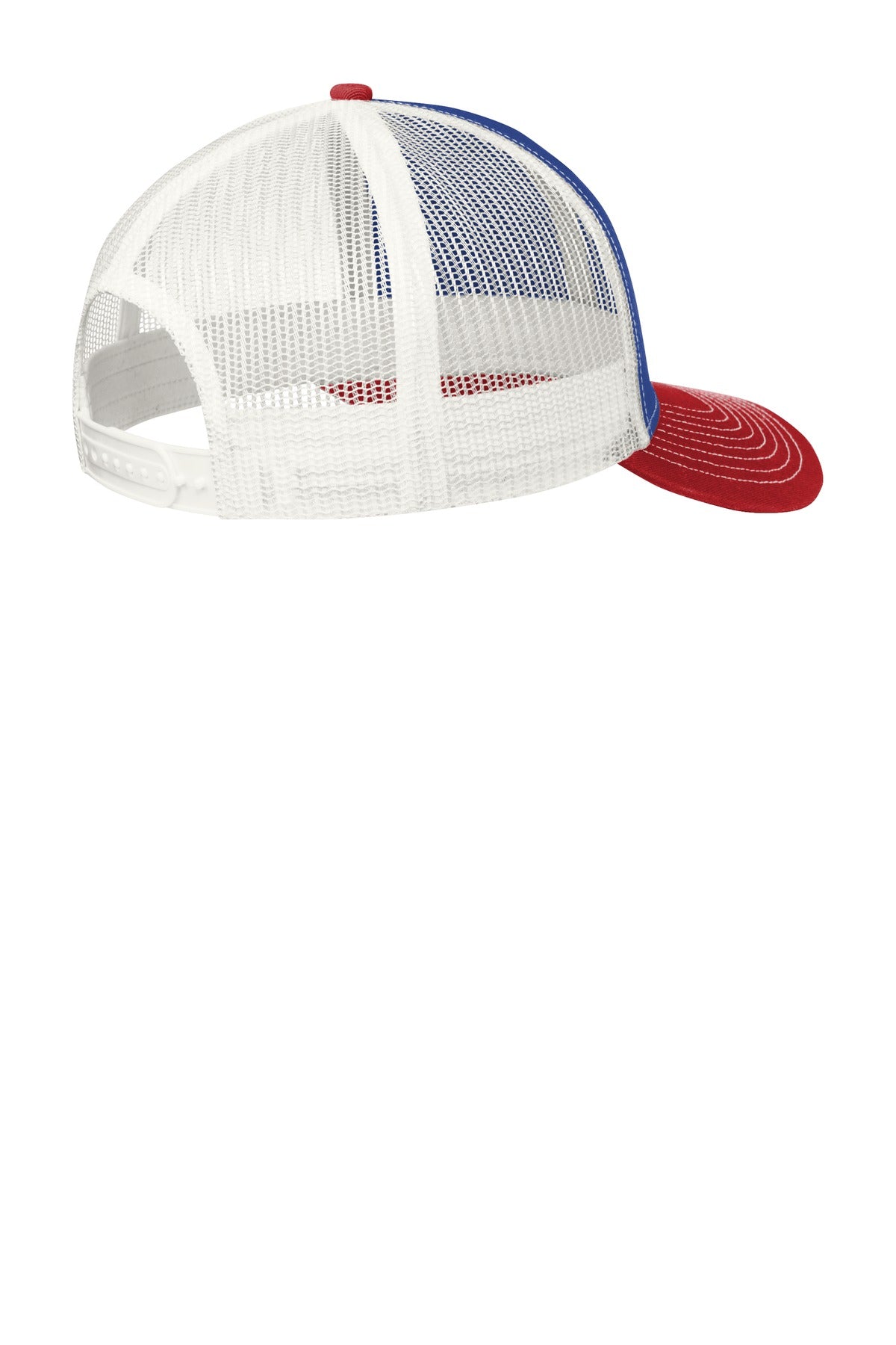 Rear View of Pat Bl/F Rd/Wh Port Authority Snapback Trucker Cap. C112