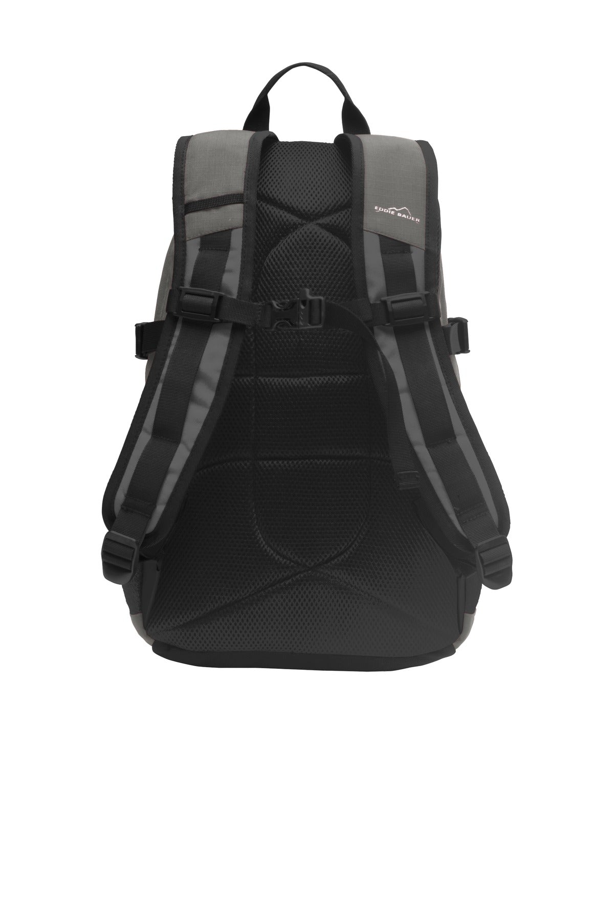 Rear View of Pewter Gy/GySt Eddie Bauer Ripstop Backpack. EB910
