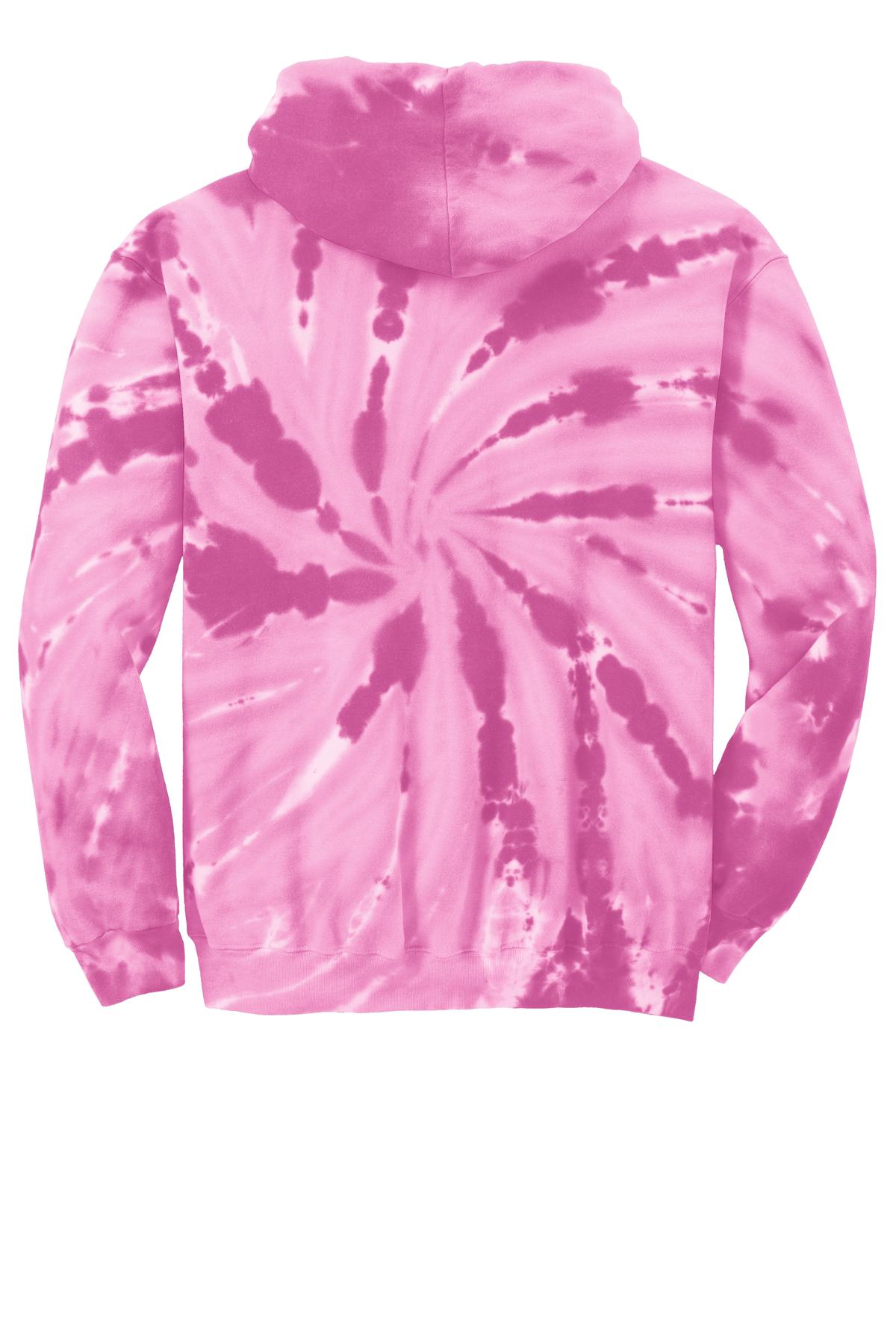 Rear View of Pink Port & Company Youth Tie-Dye Pullover Hooded Sweatshirt. PC146Y