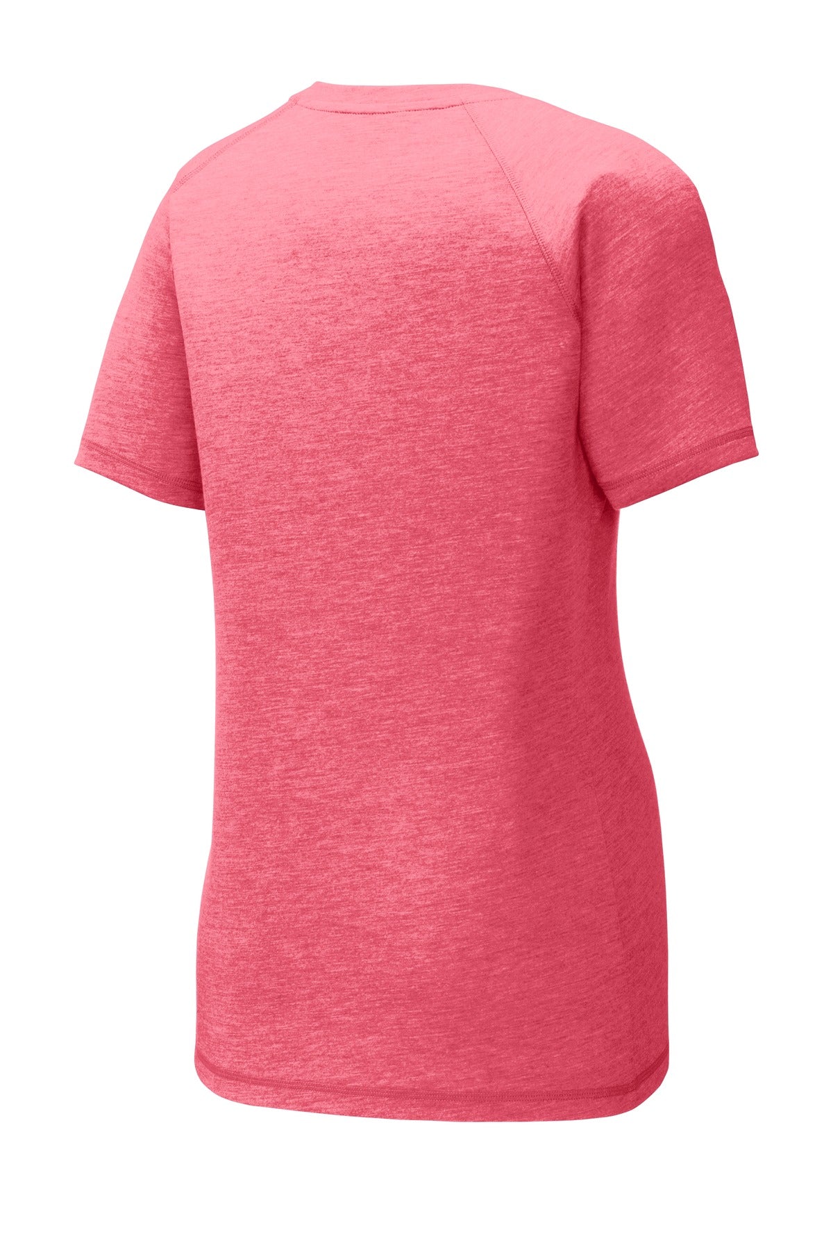 Rear View of Pink Rasp Hthr Sport-Tek Women's PosiCharge Tri-Blend Wicking Scoop Neck Raglan Tee. LST400