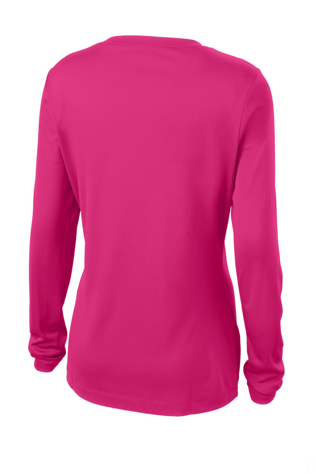 Rear View of Pink Raspberry Sport-Tek Women's Long Sleeve PosiCharge Competitor V-Neck Tee. LST353LS