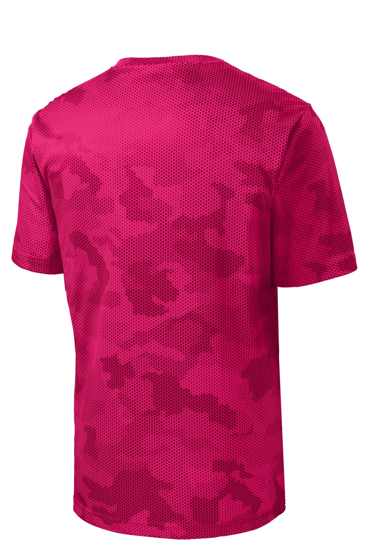 Rear View of Pink Raspberry Sport-Tek Youth CamoHex Tee. YST370
