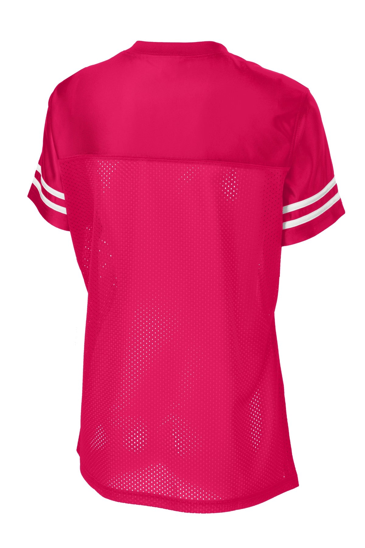 Rear View of Pink Rasp/Wht Sport-Tek Women's PosiCharge Replica Jersey. LST307