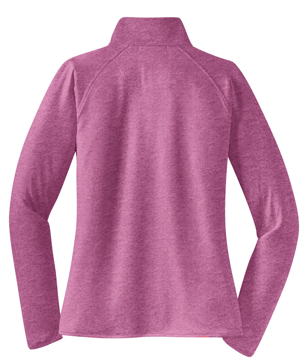 Rear View of Pink Rush Hthr Sport-Tek Women's Sport-Wick Stretch 1/4-Zip Pullover. LST850