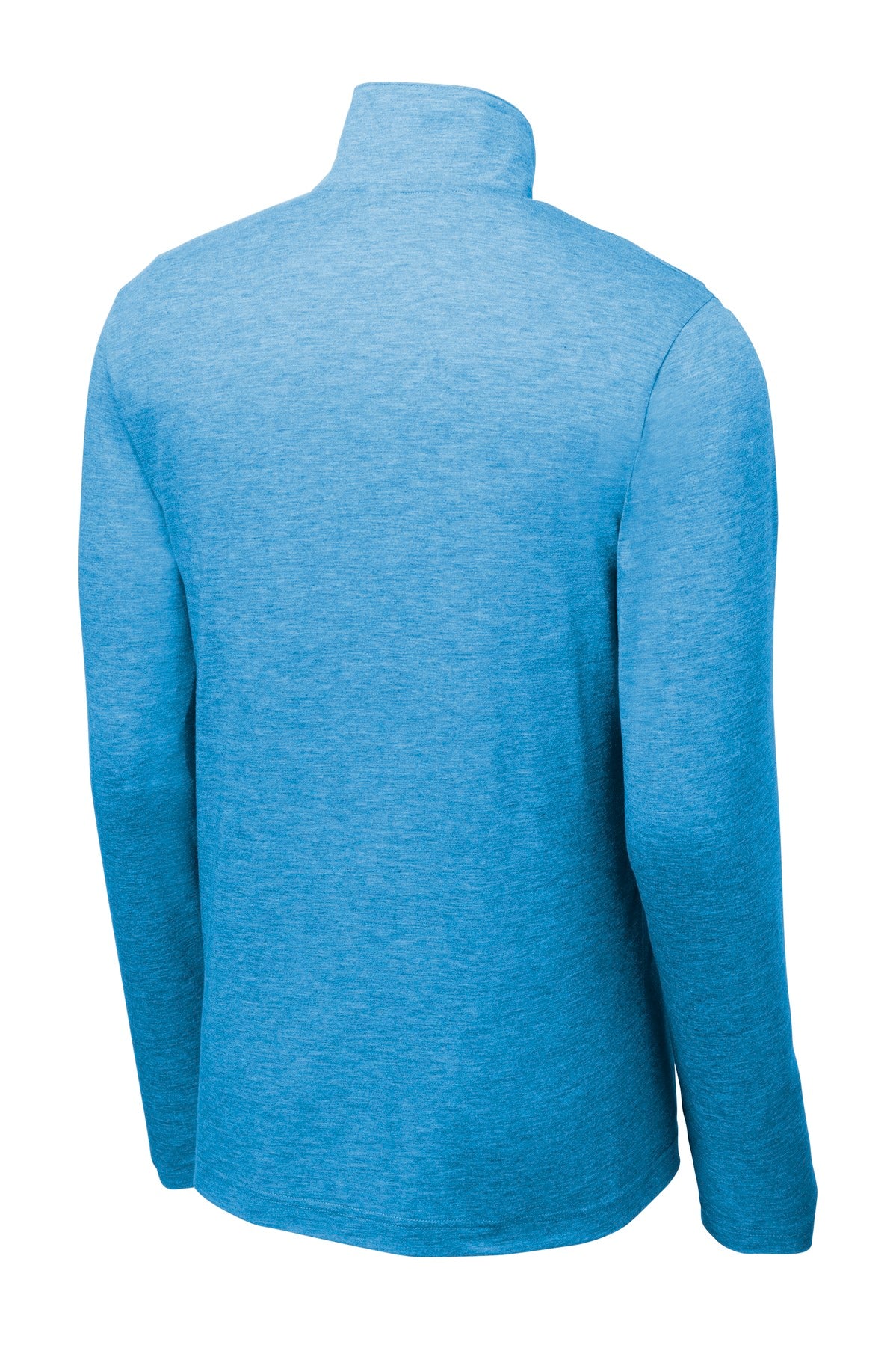 Rear View of Pond Blue Hthr Sport-Tek PosiCharge Tri-Blend Wicking 1/4-Zip Pullover. ST407