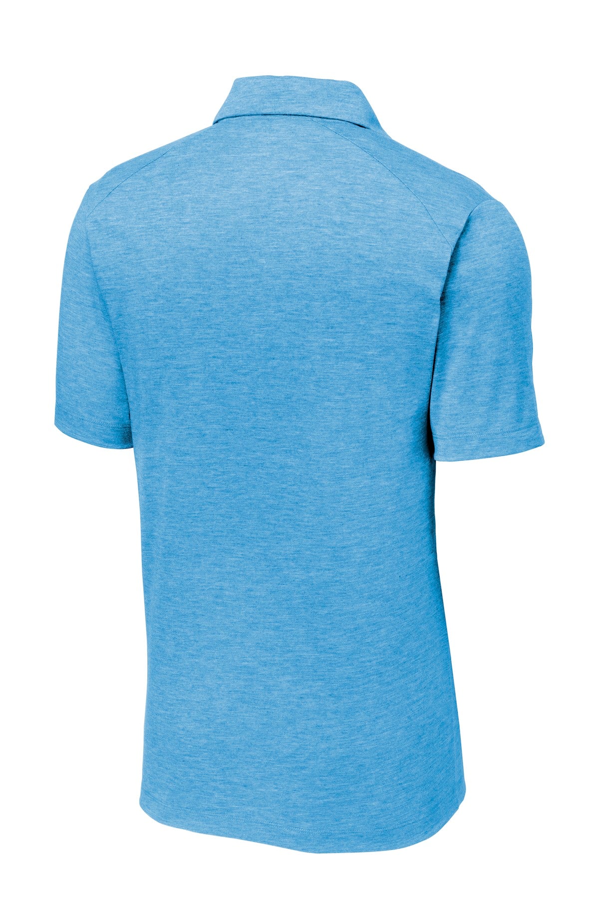 Rear View of Pond Blue Hthr Sport-Tek PosiCharge Tri-Blend Wicking Polo. ST405