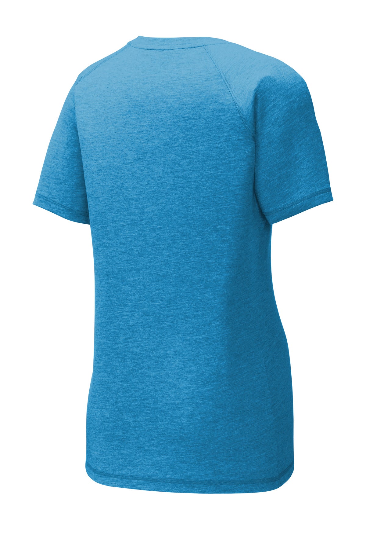 Rear View of Pond Blue Hthr Sport-Tek Women's PosiCharge Tri-Blend Wicking Scoop Neck Raglan Tee. LST400