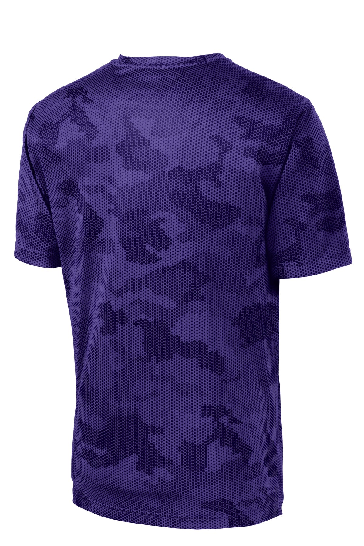 Rear View of Purple Sport-Tek CamoHex Tee. ST370